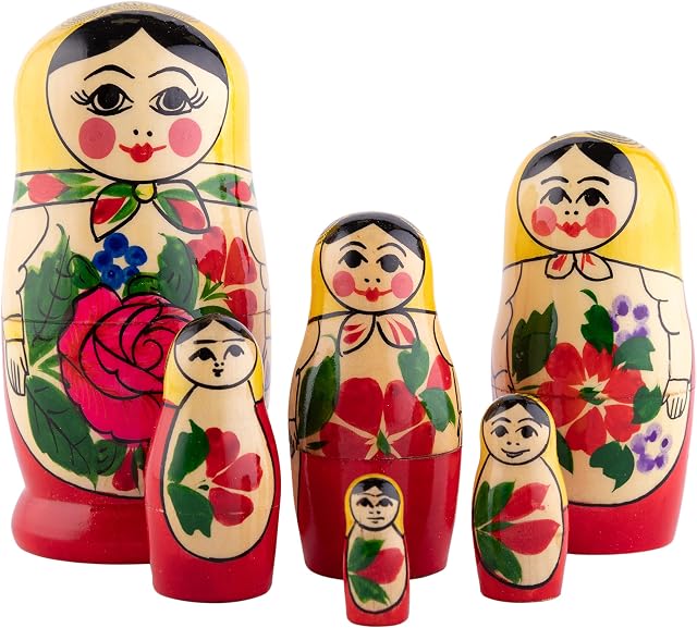 Heka Naturals Semyonov Nesting Dolls | All Natural Wooden Matryoshka Doll Set of 6 (13 cm) - Traditional Babushka Home Decor, Wooden Stacking Toys, Handmade Toys & Games, Shape Sorter Accessories