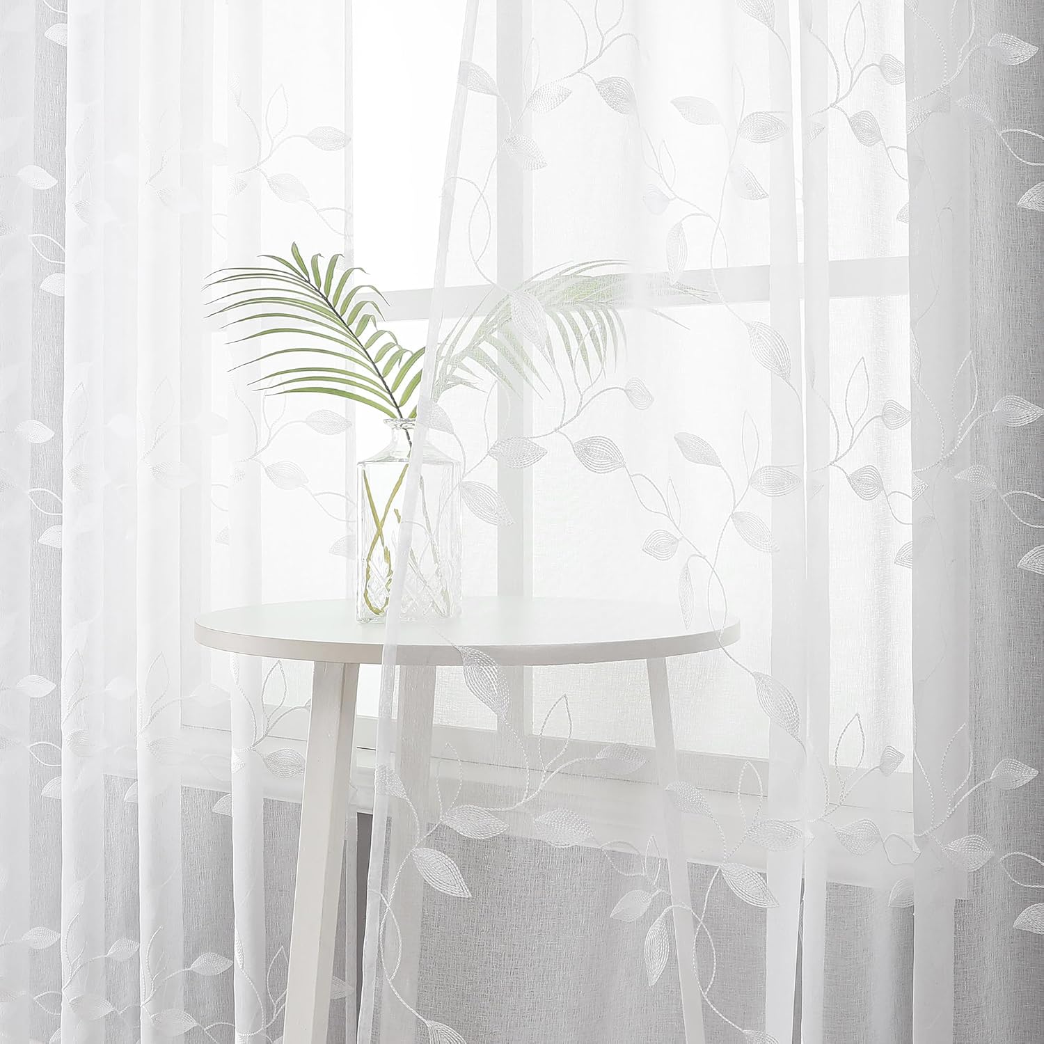 Tollpiz White Leaf Sheer Curtain Leaves Embroidered Bedroom Curtains Rod Pocket Voile Window Treatment for Living Room, 54 x 95 inches Long, Set of 2 Panels