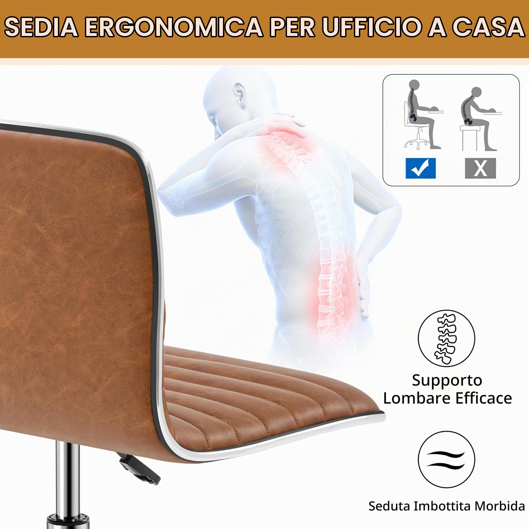 Sedia Ufficio Imbottita Girevole con Ruote Moderna | Senza Braccioli, in Finta pelle, Regolabile in Altezza, per Camera da Letto, Studio, Marrone