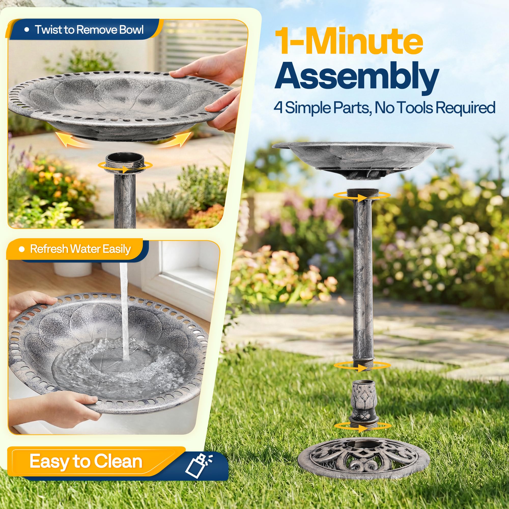 VIVOHOME Set Combinato di Fontana Rotonda per Laghetto con Abbeveratoio Bagno per Uccelli da Giardino Antica in Poliresina e Fontana Solare