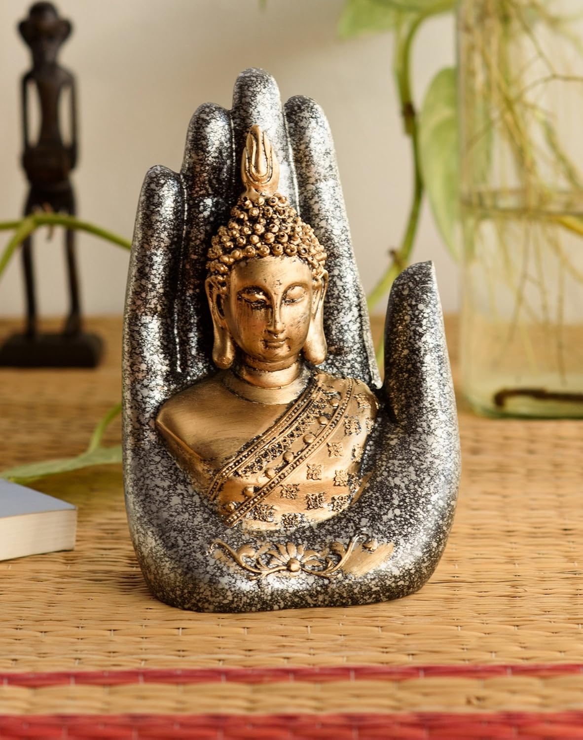 eCraftIndia Golden Silver Resin Handcrafted Palm Buddha Statue for Home Decor Living Room | Lord Buddha Idol Showpiece Gift for Diwali Housewarming Birthday Friendship Day