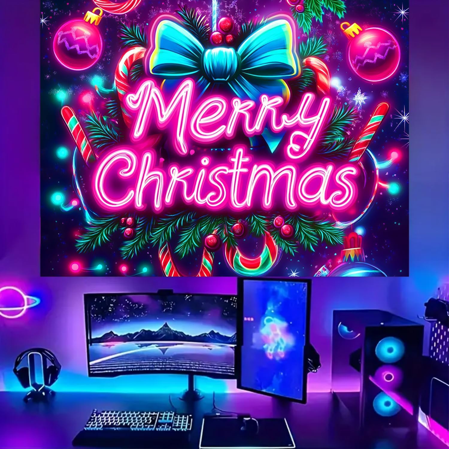 BSFHH Black Light Tapestry – Merry Christmas UV Reactive Glow in the Dark Wall Hanging, Santa Claus Christmas Tree Snowman Elk Home Decoration for Party Bedroom or Dormitory (Bow, 79"x59", Unframed)