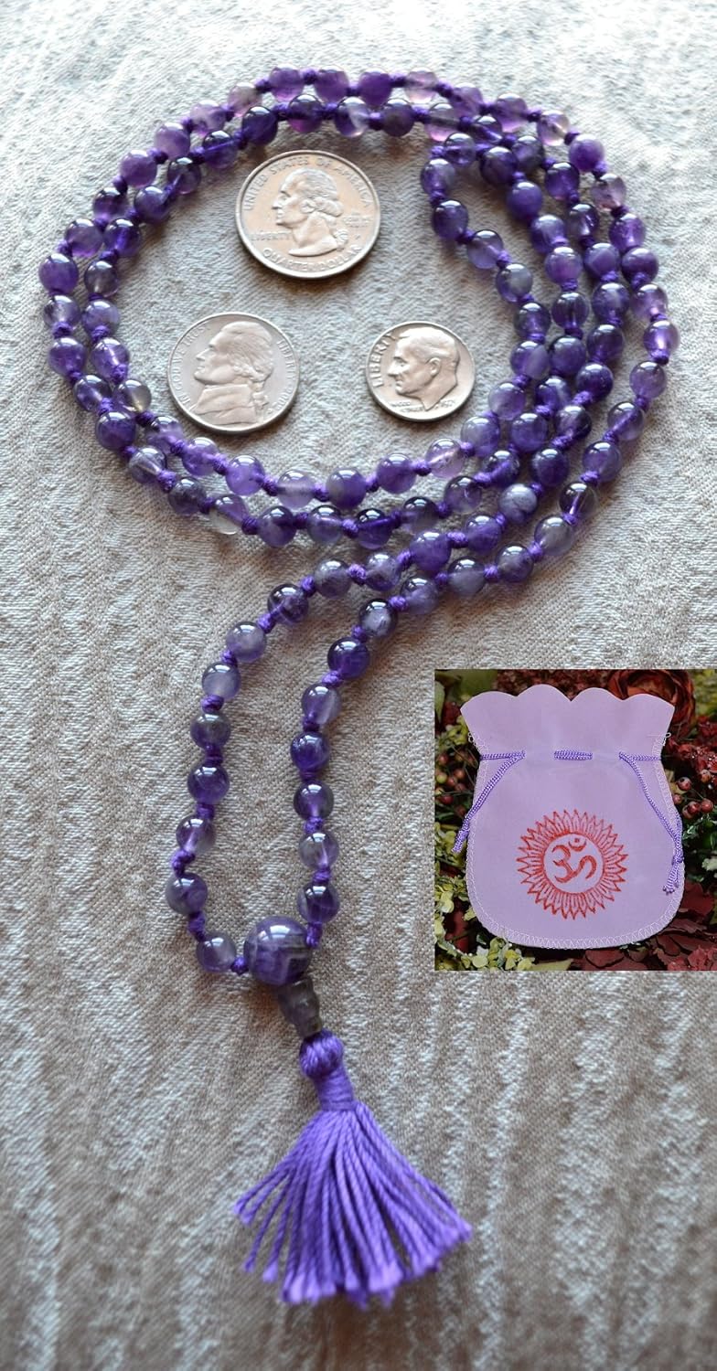 CHEVRON AMETHYST HAND KNOTTED JAPA MALA 6 MM BEADS TOP GRADE PRAYER NECKLACE. BLESSED ENERGIZED 108+1 HINDU TIBETAN BUDDHIST PRAYER KARMA BEADS SUBHA ROSARY MALA FOR NIRVANA MEDITATION CHANTING OM