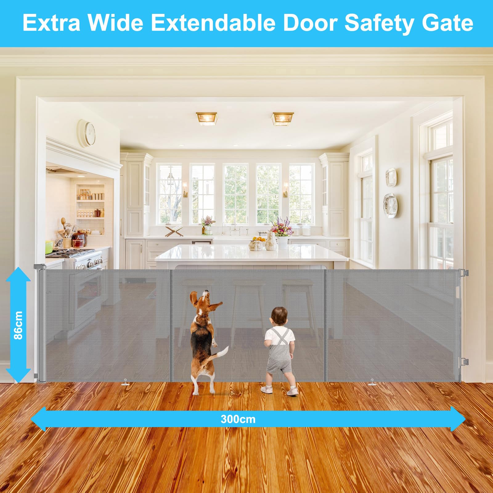 Rejilla protectora para escaleras de bebé, 0 – 150 cm, 83 cm de alto, extensible, manejable con una mano, rejilla de seguridad para perros, para escaleras, puertas, interior y exterior (gris