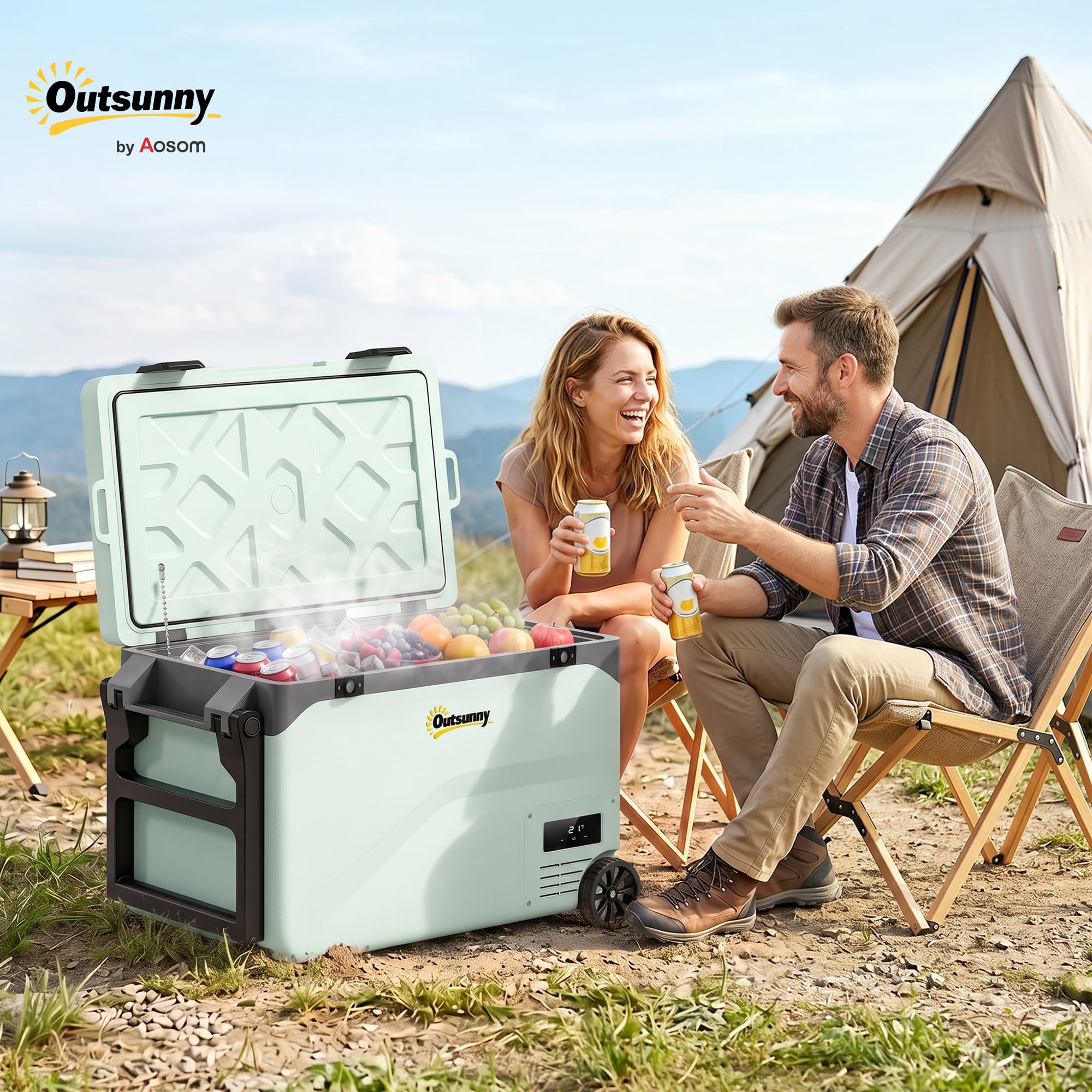 Outsunny Kompresyjna lodówka samochodowa 42,5 l ze sterowaniem za pomocą aplikacji, przenośna lodówka elektryczna z kółkami i uchwytem, 12 V/240 V, od -20°C do 20°C, ciężarówka, samochód kempingowy