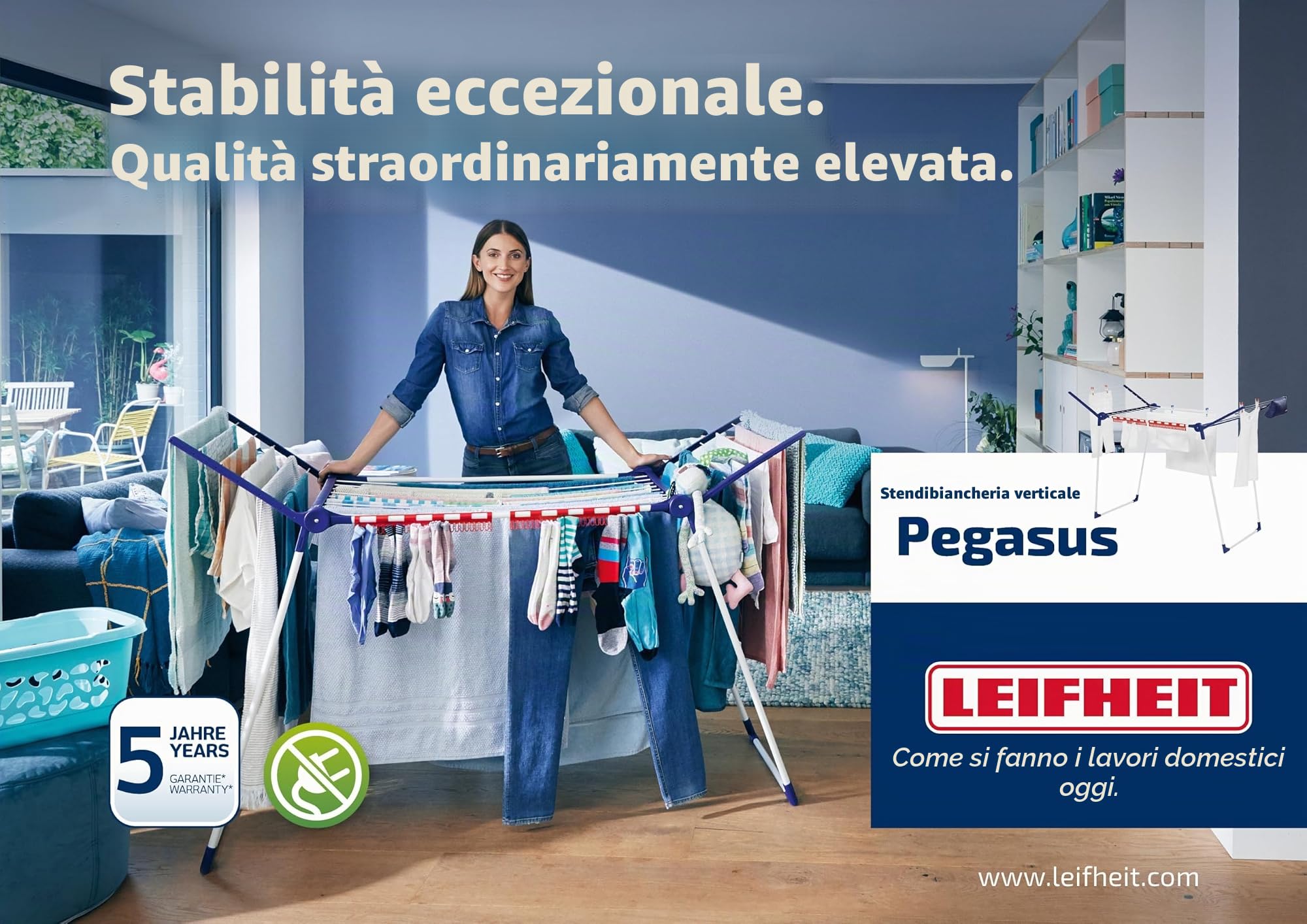Leifheit Stendibiancheria Pegasus 200 Solid Deluxe Mobile, 20 m | Ruote girevoli 360°, alette alte 107 cm per capi lunghi, 5 accessori inclusi, pieghevole salvaspazio, antiruggine