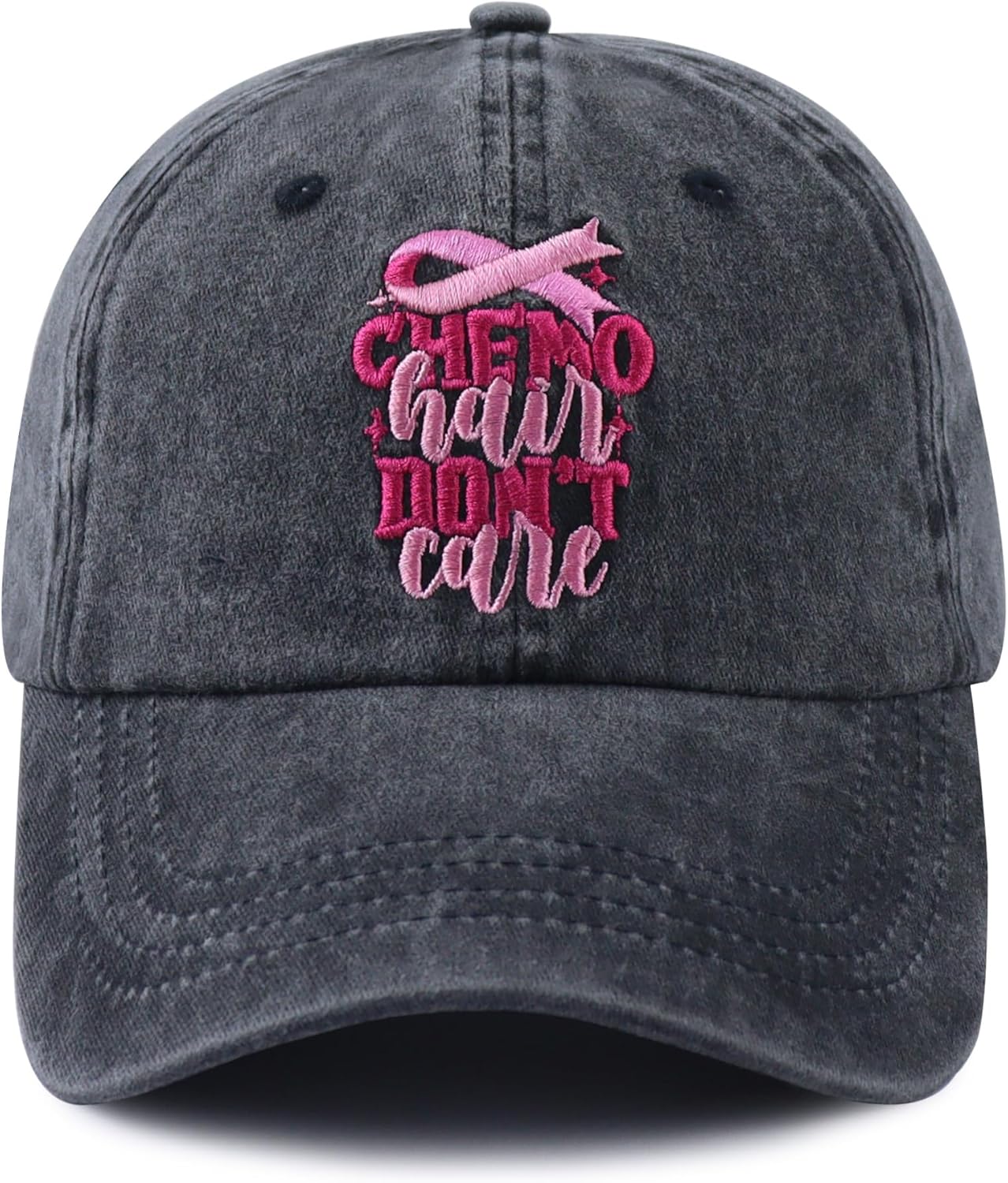 Chemo Hair Don't Care Hats for Women, Cotton Embroidered Pink Ribbon Baseball Cap