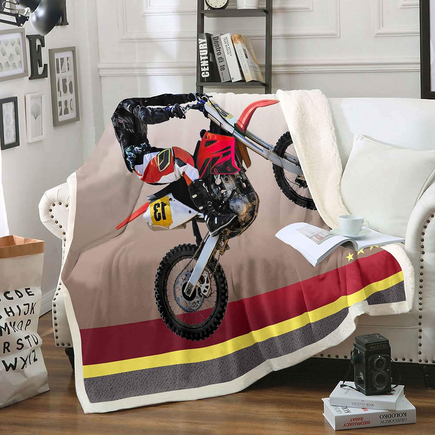 Loussiesd 3D Dirt Bike Sherpa Blanket Motocross Racer Extreme Sports