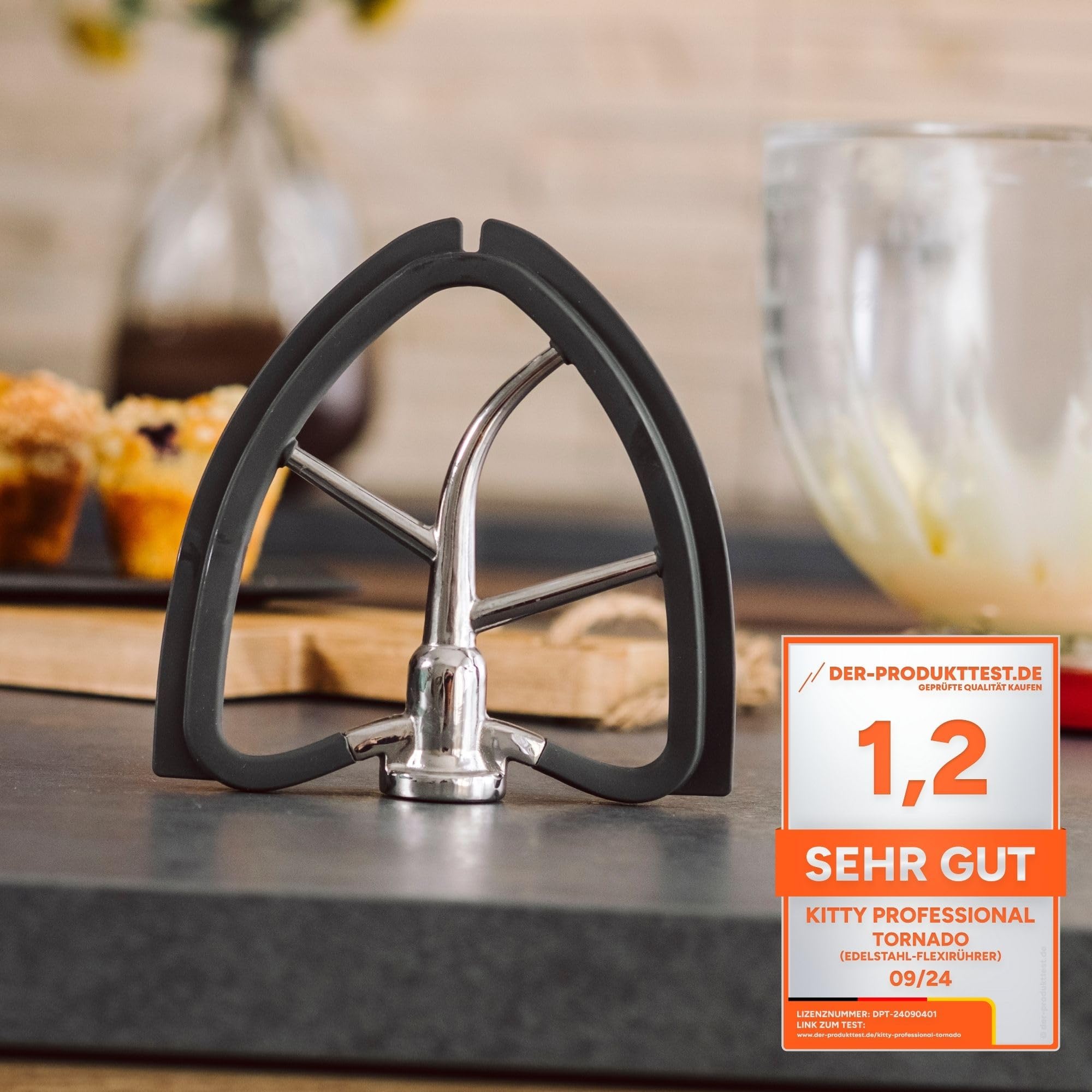 Kitty Professional Profi-Flexirührer "Tornado" kompatibel mit Kitchen Aid 4,3 und 4,7/4,8 Liter Küchenmaschine Spülmaschinenfest,18/10 Edelstahl, Silikon, Twist in der Schüssel