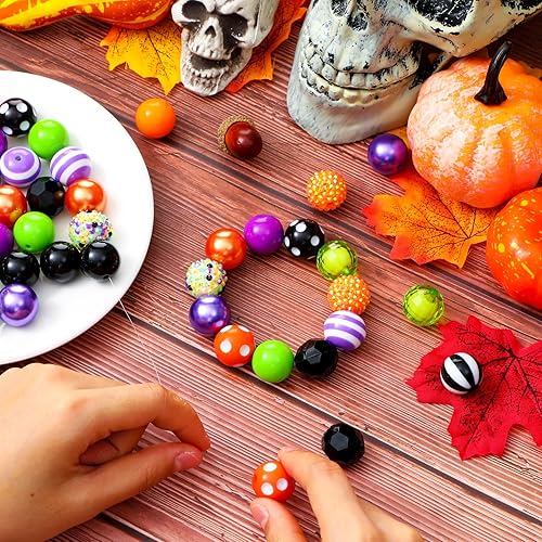 Miniatura 4 de Sintuff 50 cuentas de goma de mascar de Halloween de 0.787 pulgadas (0.787 in) de plástico acrílico, cuentas espaciadoras de chicle, verde, morado,