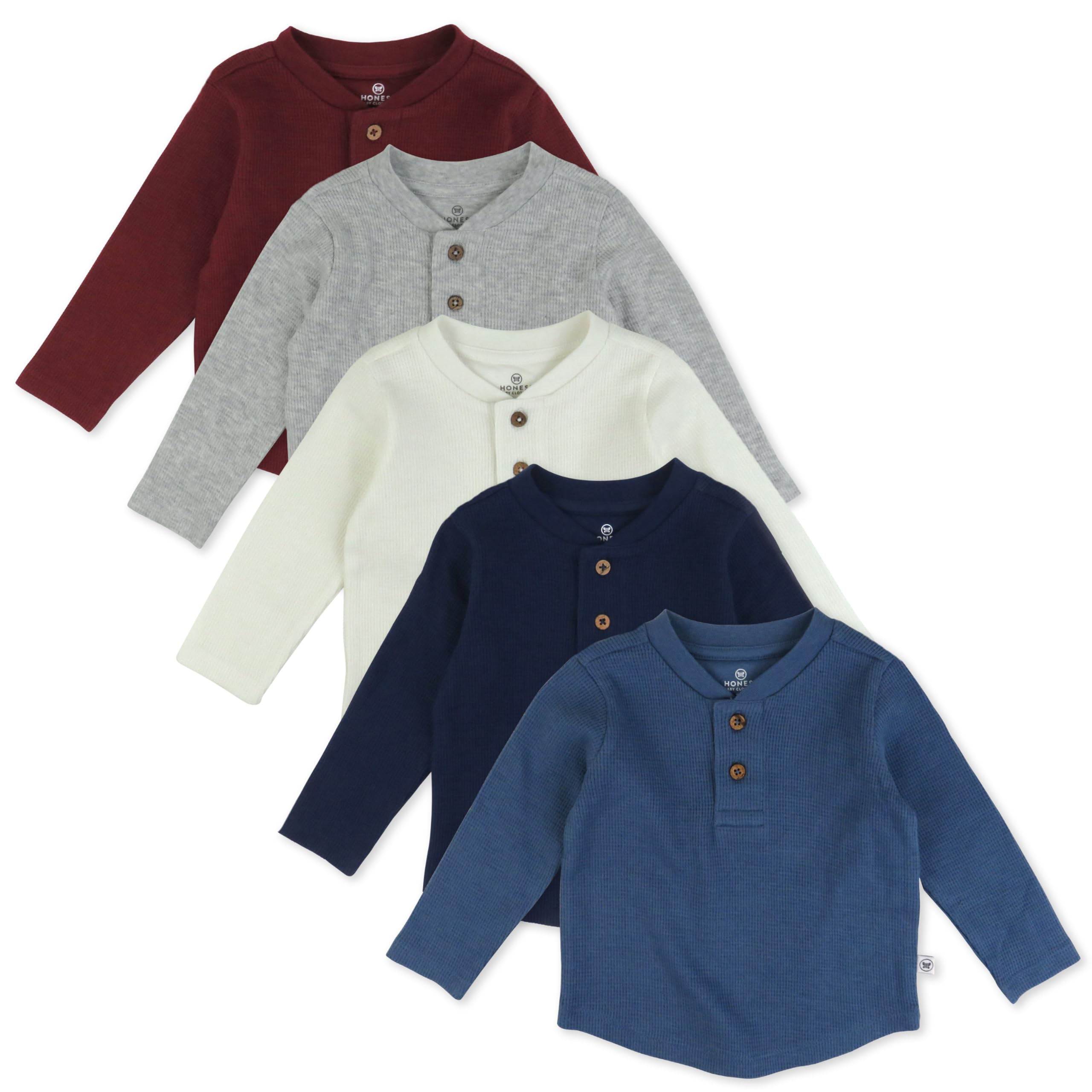 HonestBaby Boys Baby Toddler Kid Waffle Henley 100 Organic Long Sleeve Shirts 5-Pack
