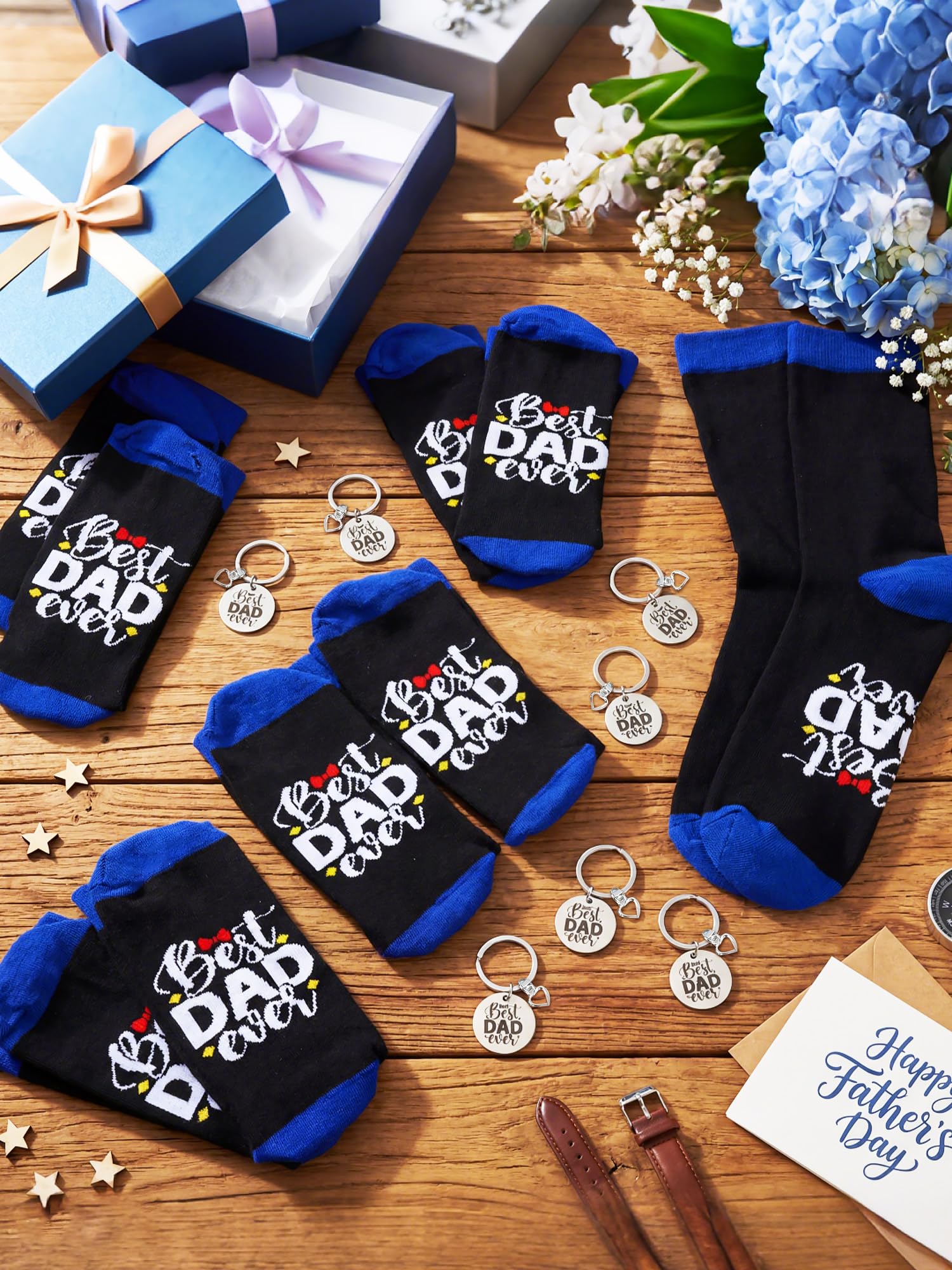 Newcotte 24 Sets Best Dad Ever Fathers Day Gift Bulk Party Favors 12 Best Dad Ever Socks 12 Stainless Steel Keychain