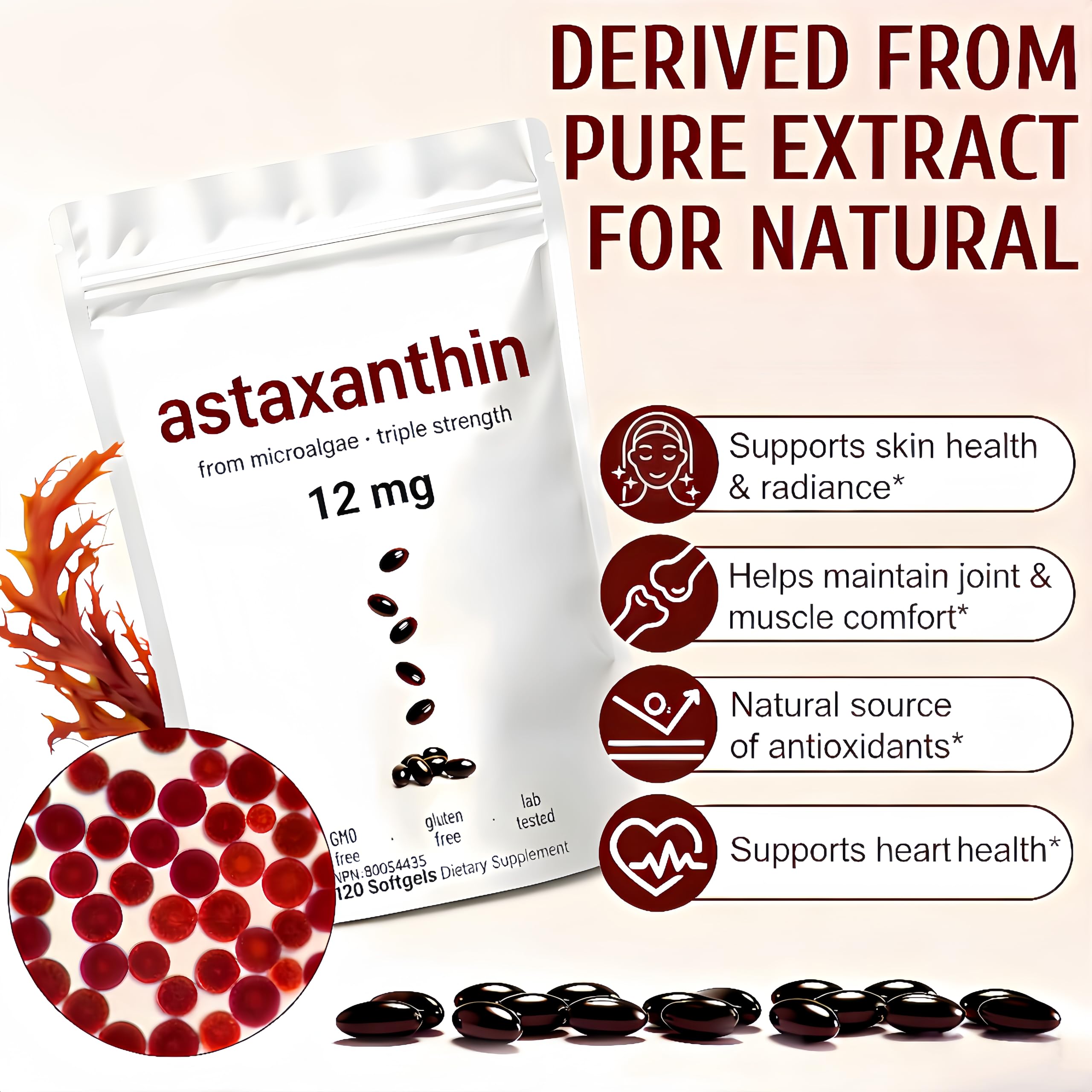 Astaxanthin 12mg ， 120 Softgels(1PCS) - 5
