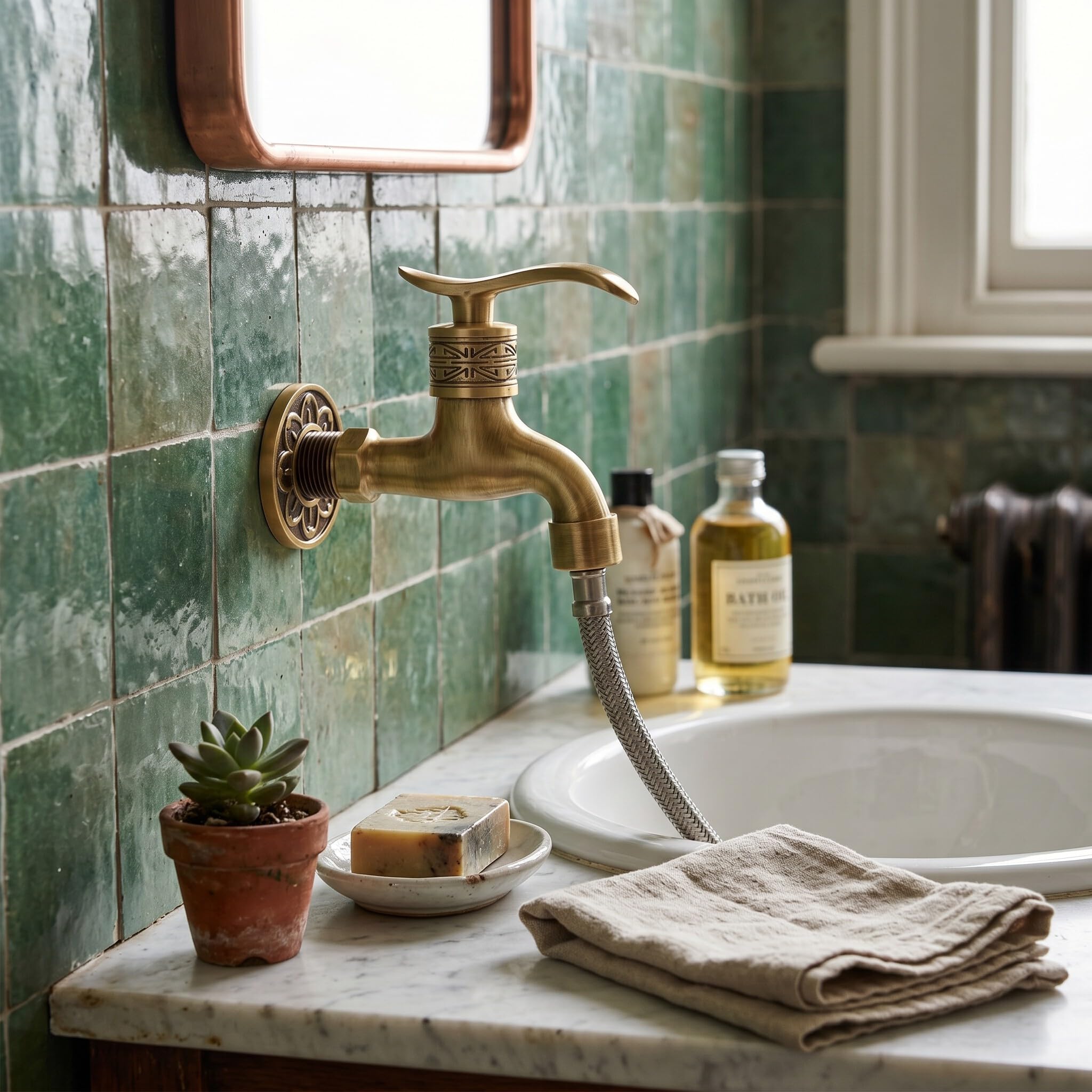 Robinet Laiton Antique Mural Haute Durabilité - Contrôle Précis Froid et Chaud pour Salle de Bains Jardin Lave-linge, Design Élégant Antique avec Tuyau Long Installation Facile Idéal Maison Familiale
