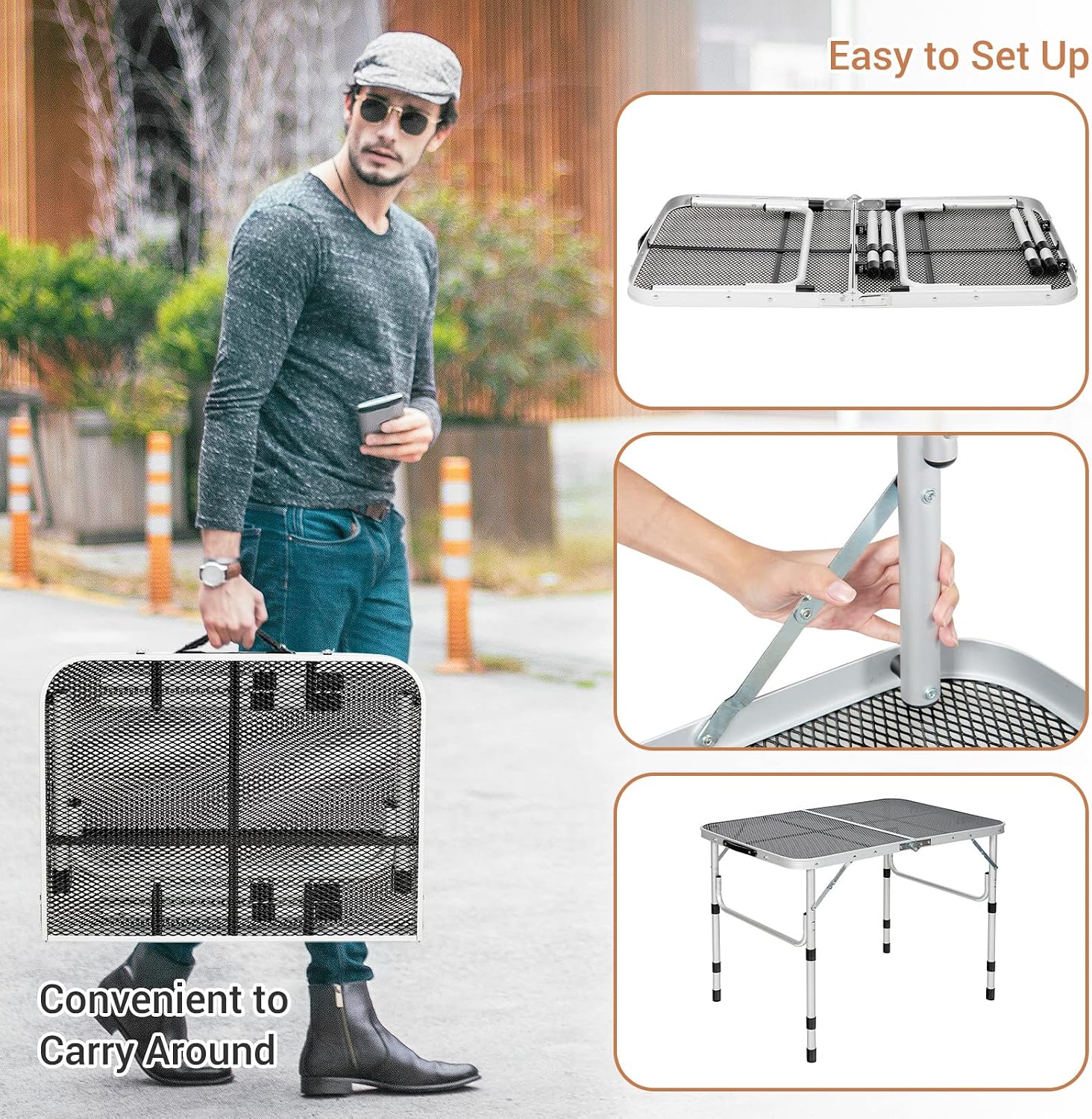 Steps for unfolding and carrying the GYMAX folding camping table.
