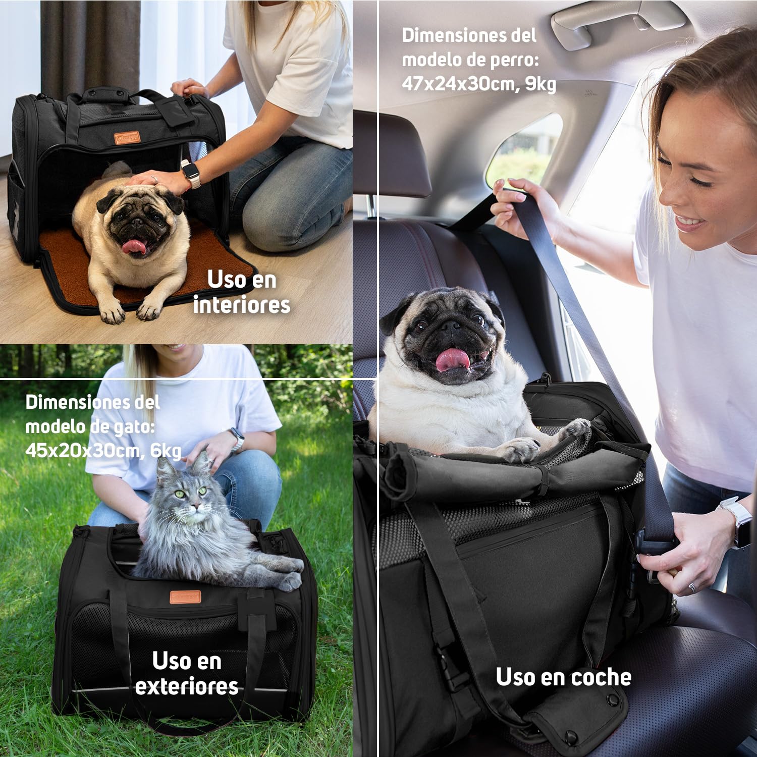 PETPROVED Transportin Perro Gato Grande Transportin Perro Pequeño Coche Mediano Trasportines para Gatos Coche Bolsa Transporte Homologado para Avion Cabina (L Negro)