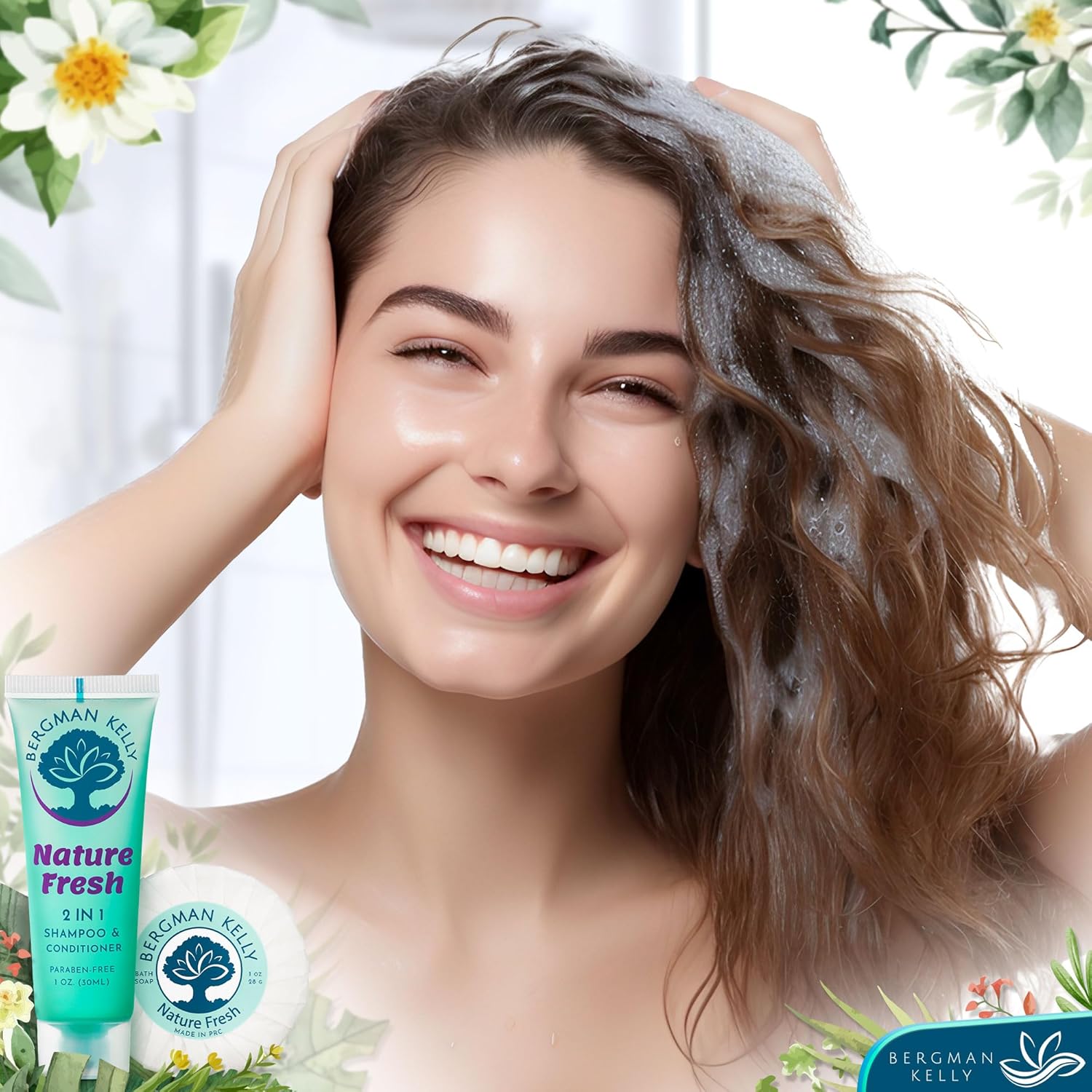 BERGMAN KELLY Round Soap Bars, 2in1 Shampoo & Conditioner 2-Piece Set (Nature Fresh, 1 oz each, 100 pc), Delight Your Guests with Refreshing & Soothing Hotel Amenities & Bulk Toiletries
