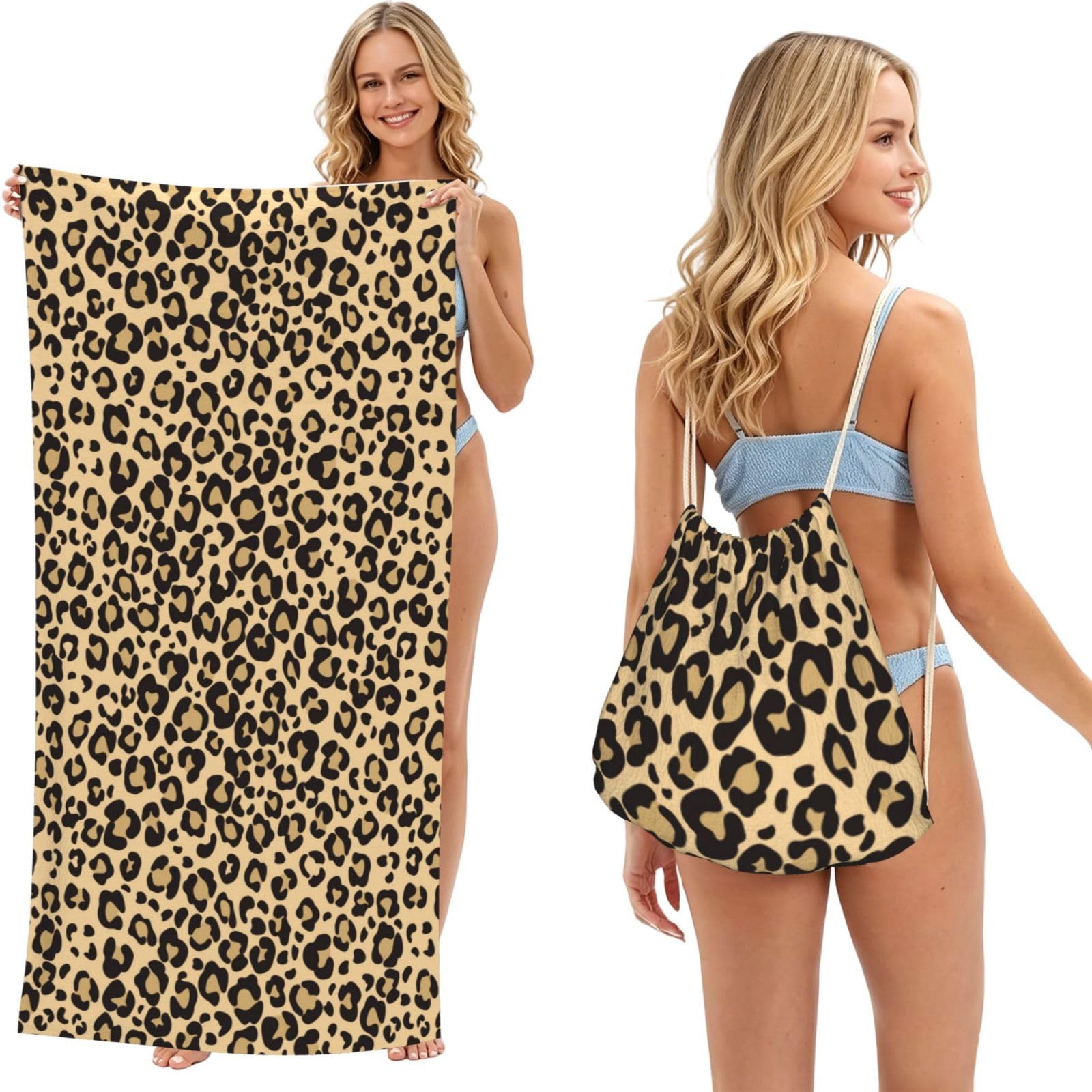 Poadnly As Picture Leopard Skin Cheetah Jaguar, 2 In 1 Packable Towel Bag, Beach Towels With Drawstring Backpack For Travel Holiday Camping