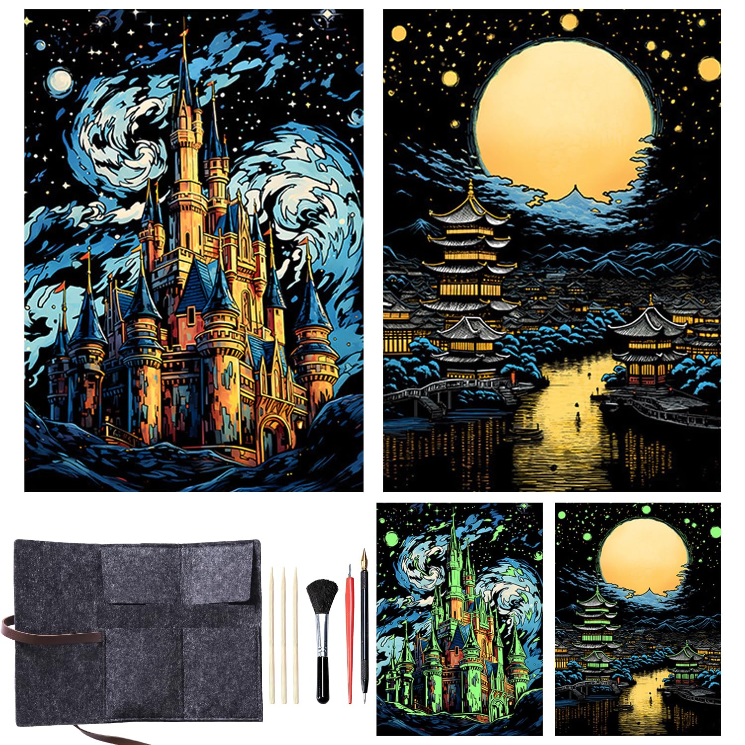 Rainbow Scratch Art Kit for Adults and Kids - 4 PCS Scratch Notes with Tools, Creative Art Supplies for Children & Adults, Castle & Bright Moon Design (A3 Size)