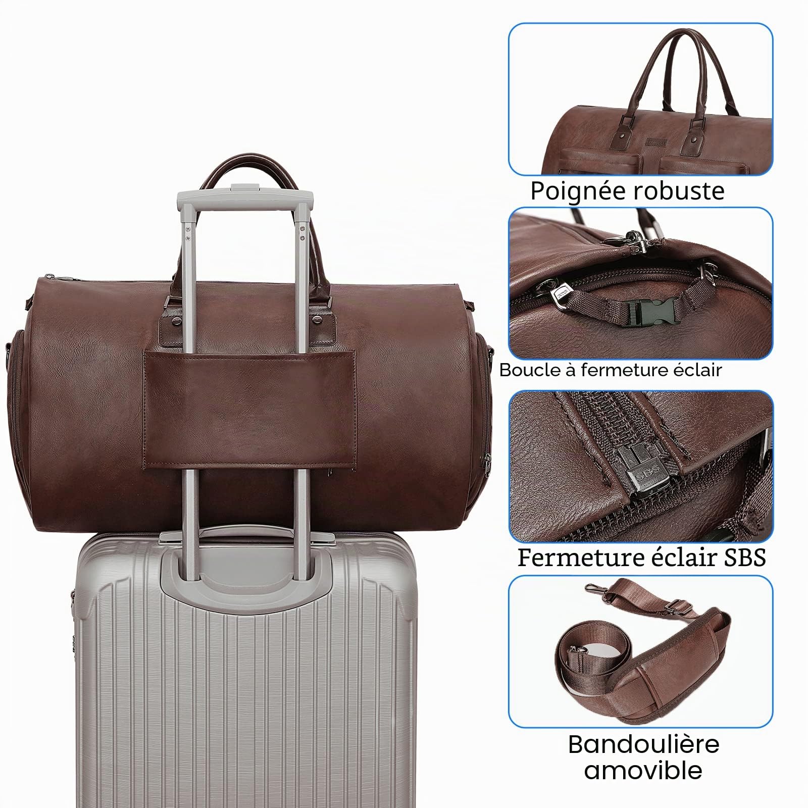 Modoker Sac à vêtements Convertible en Cuir, Sac à vêtements pour Voyage, Sac de Voyage imperméable, Cadeau pour Homme, Femme, Affaires – 2 en 1 Valise à Suspendre, Costume, Sacs de Voyage, Marron