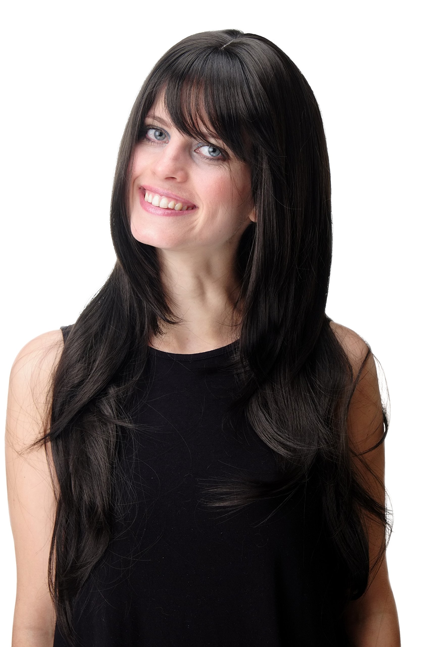 WIG ME UP - GFW09-3 Lady Quality Wig long straight layered fringe bangs dark brown, dark brown (3), 23.62 inch