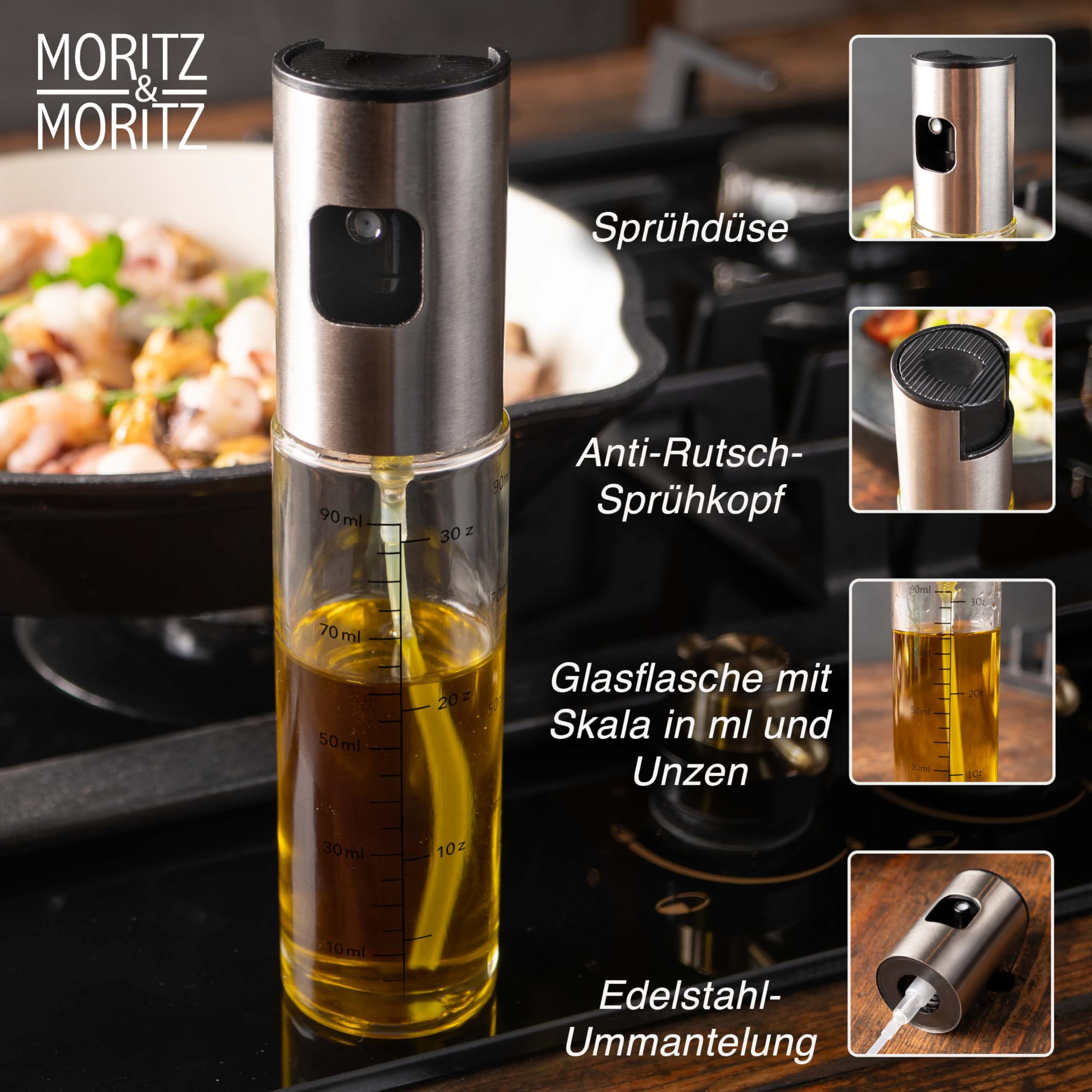 Moritz & Moritz Opryskiwacz do oleju 90 ml – kompaktowa butelka ze szkła z rozpylaczem oleju do kuchni, grilla i frytkownicy – nadaje się do oleju, octu, wody i sosu sojowego – ze szczotką i