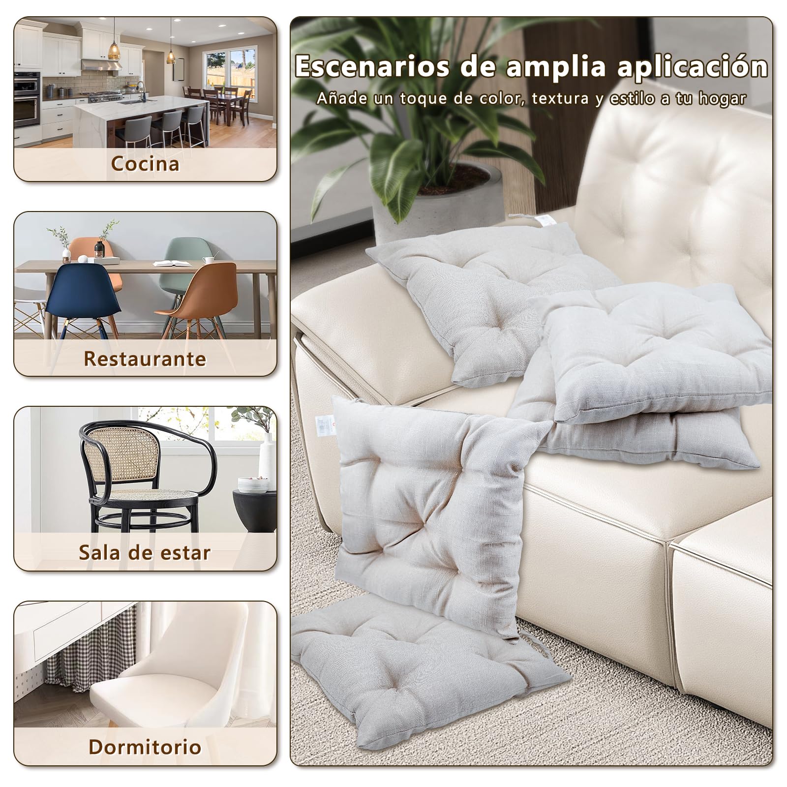 EasySpeed Pack 6 Cojines para Sillas de Terraza,40x40x5cm ,Efecto Tridimensional, Relleno de 100% Poliéster,Almohadilla para Asiento Cuadrado, Ideal para Comedor,Decoración de Jardín,Casa,Terraz,Beige