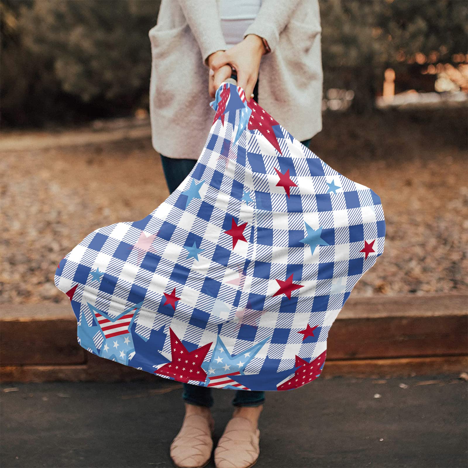 Nursing Cover for Breastfeeding Scarf, Blue Plaid Red Stars Independence Day 4th of July Stripes Baby Car Covers Super Soft Multi Use for Canopy Shopping Cart Cover Blanket Stroller Cover