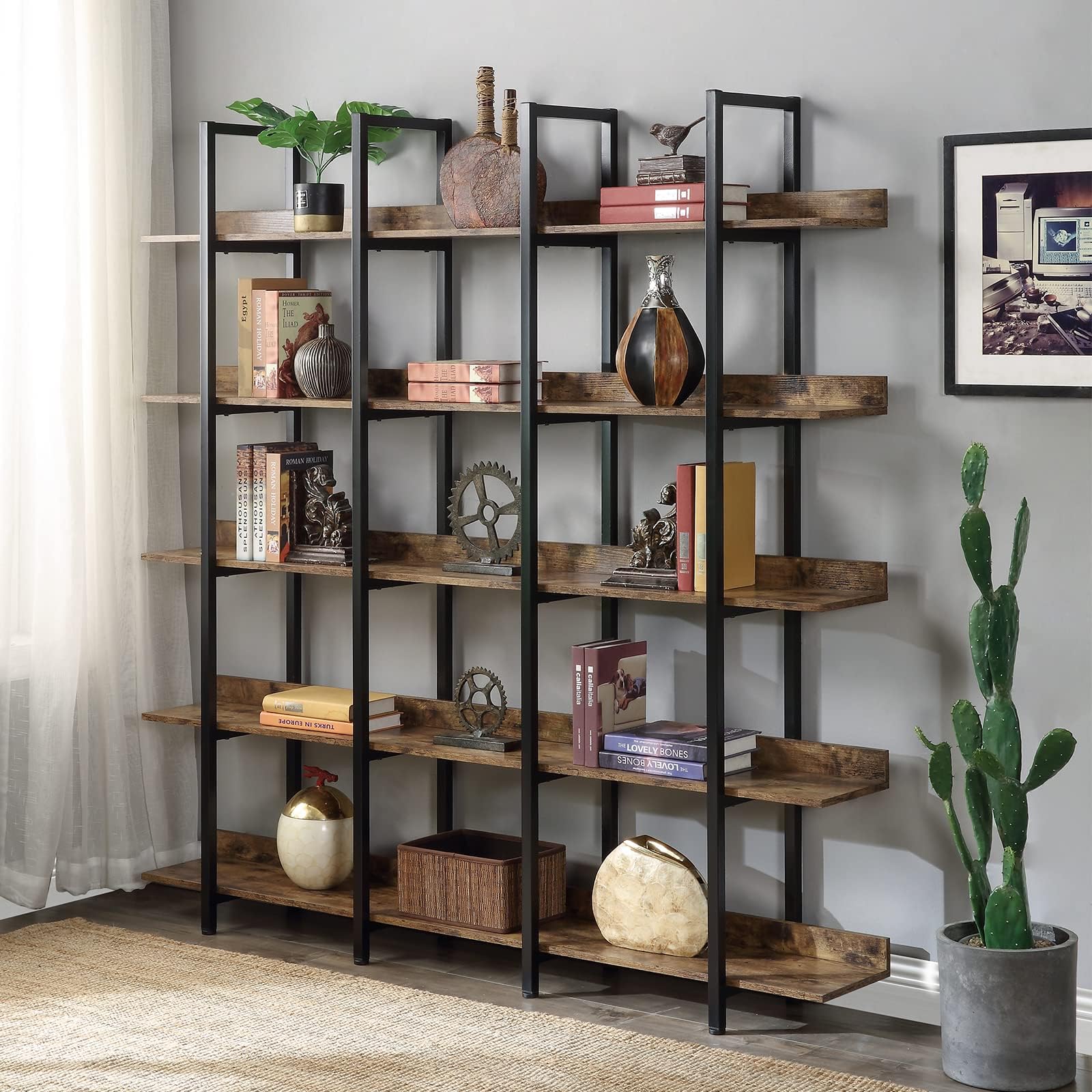 KIVENJAJA Triple Wide 5-Tier Bookshelf, Industrial Display Bookcase with Metal Frame, Tall Open Storage Book Shelves for Bedroom, Living Room, Home Office (Rustic Brown)