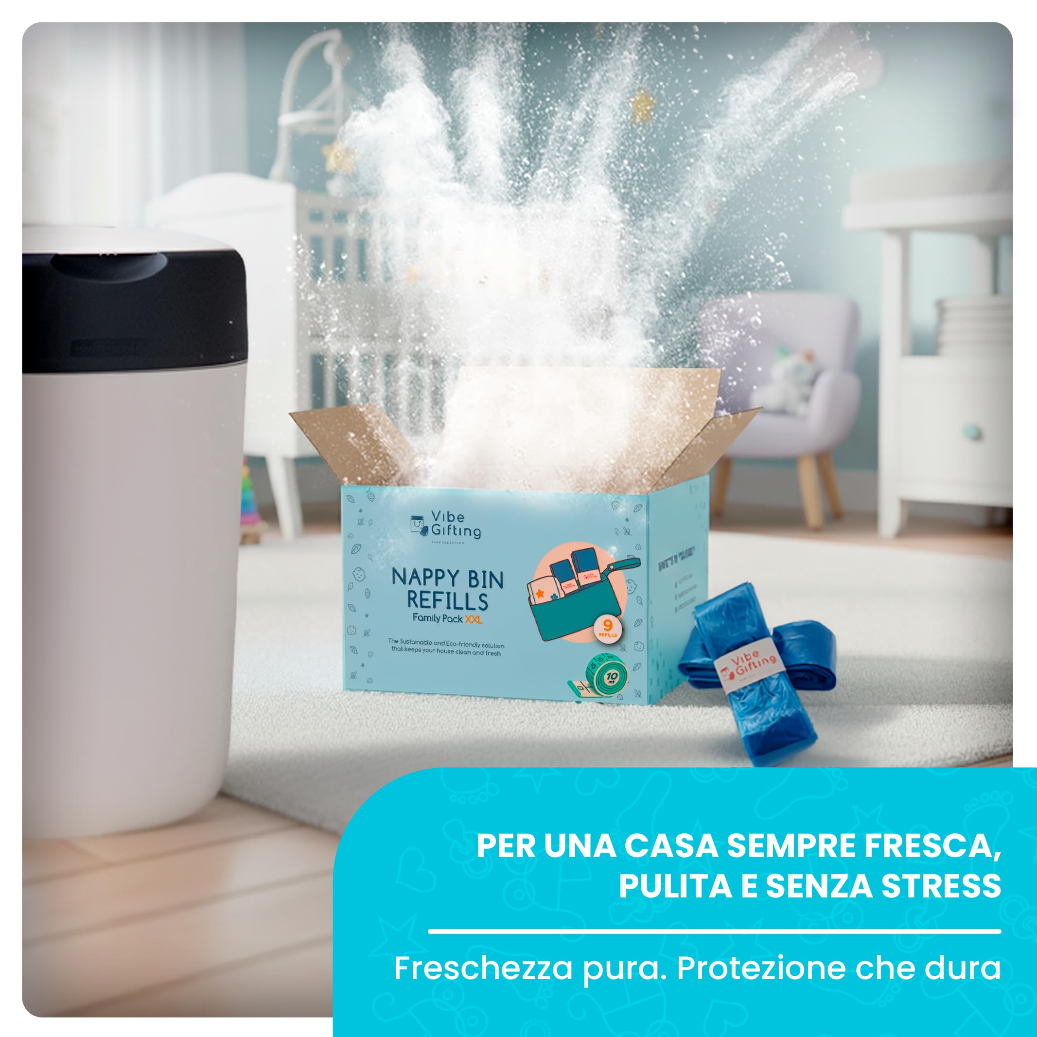 VibeGifting® Pack XXL-9 buste da 10 mt compatibili con Ricarica Mangiapannolini Foppapedretti, Ricariche Mangiapannolini Tommee Tippee, Profumate, Senza-BPA, 100% Riciclato