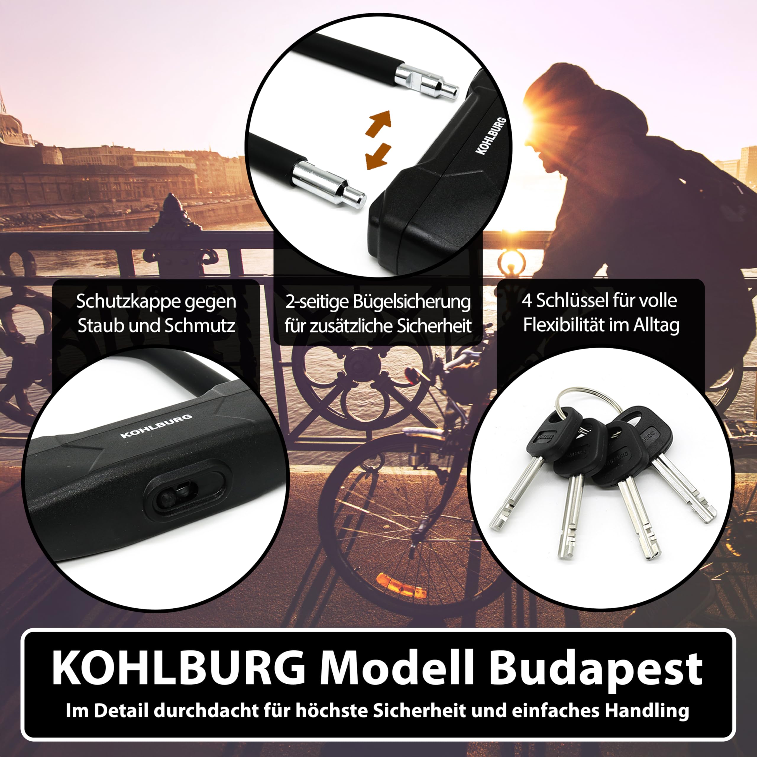 KOHLBURG kleines & leichtes Sicherheits Bügelschloss [900g leicht] - Fahrradschloss mit höchstem Sicherheitslevel 15 - mit 4 Schlüssel & Halterung - U Lock hohe Sicherheit für Fahrrad Ebike e-Scooter