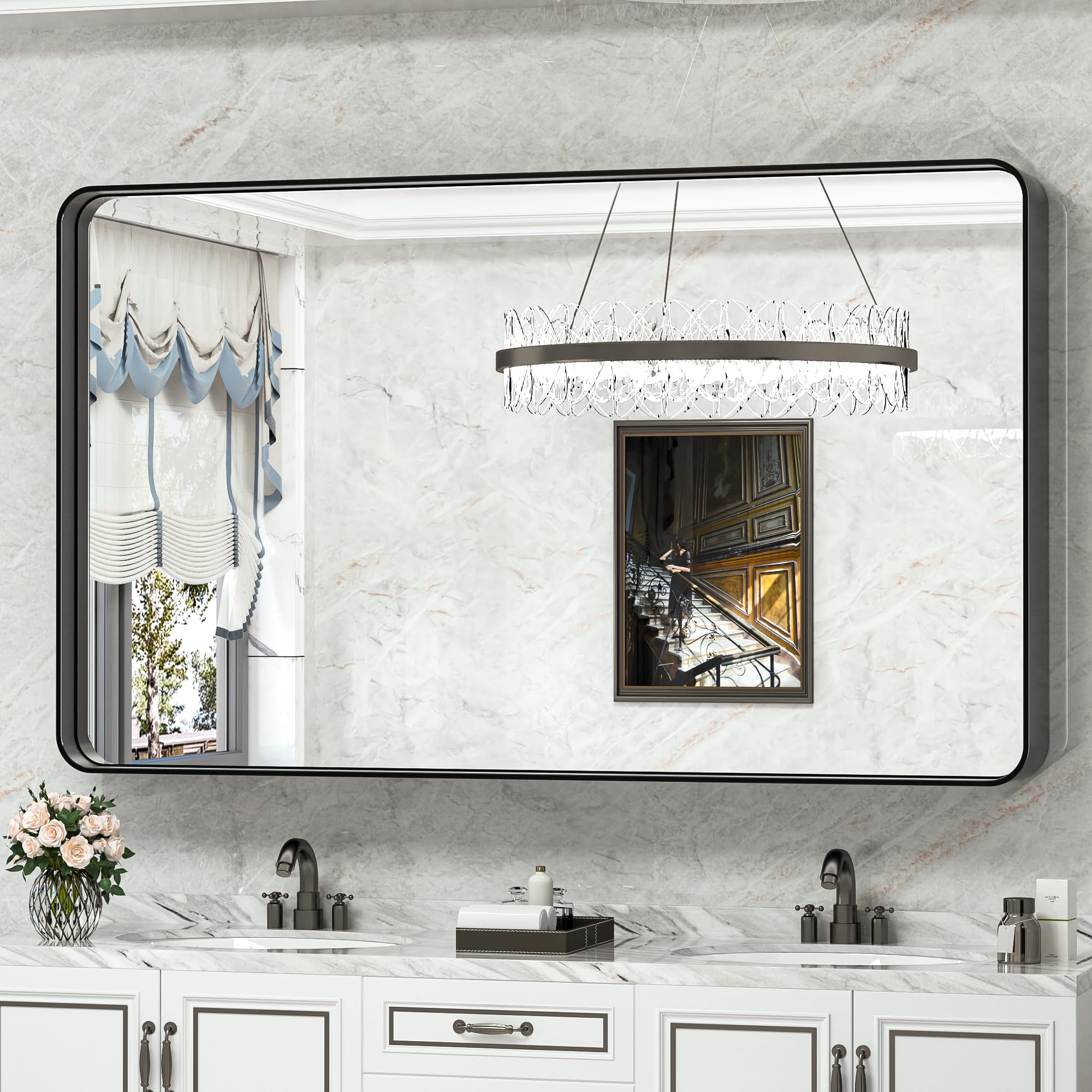 TokeShimi Black Bathroom Mirror for Wall 55x30 in Vanity Mirror with Non-Rusting Aluminum Alloy Brushed Matte Metal Frame for Modern Minimalist Farmhouse Home Decor (Horizontal/Vertical)