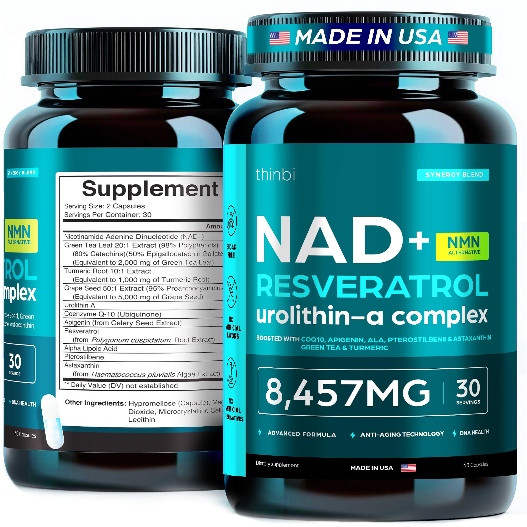 NAD Supplement 8,457 mg Extra Strength Liposomal, Green Tea + Astaxanthin for Women & Men, Resveratrol, CoQ10, Alpha Lipoic Acid