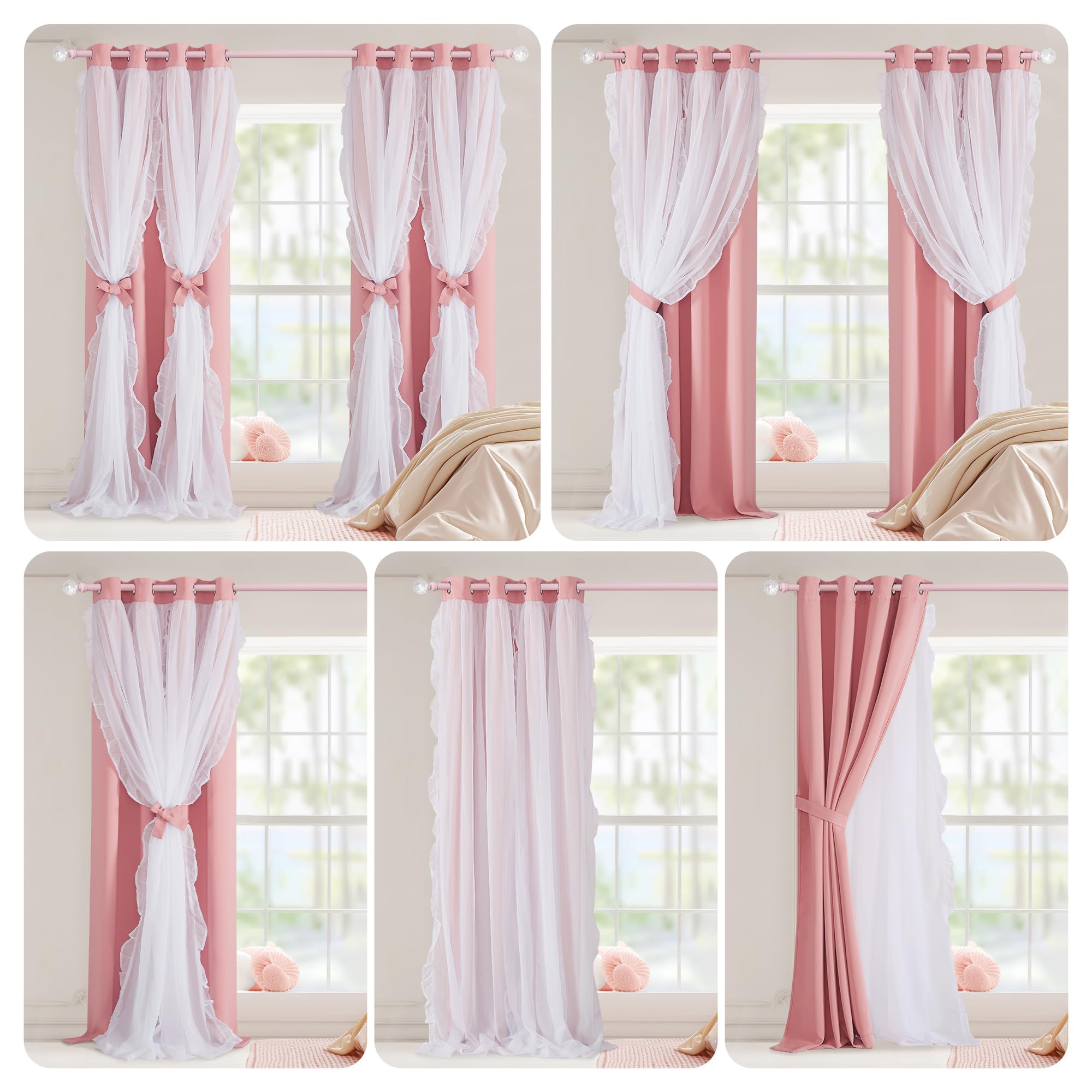 PONY DANCE Kinderzimmer Vorhang Mädchen Rosa Gardinen Kurz Blickdicht | 2er Set H160 x B140cm, Doppellagige Gardinen mit Tüll-Rüschen, Thermovorhang Hitzeschutz, mit Ösen, für Schlafzimmer