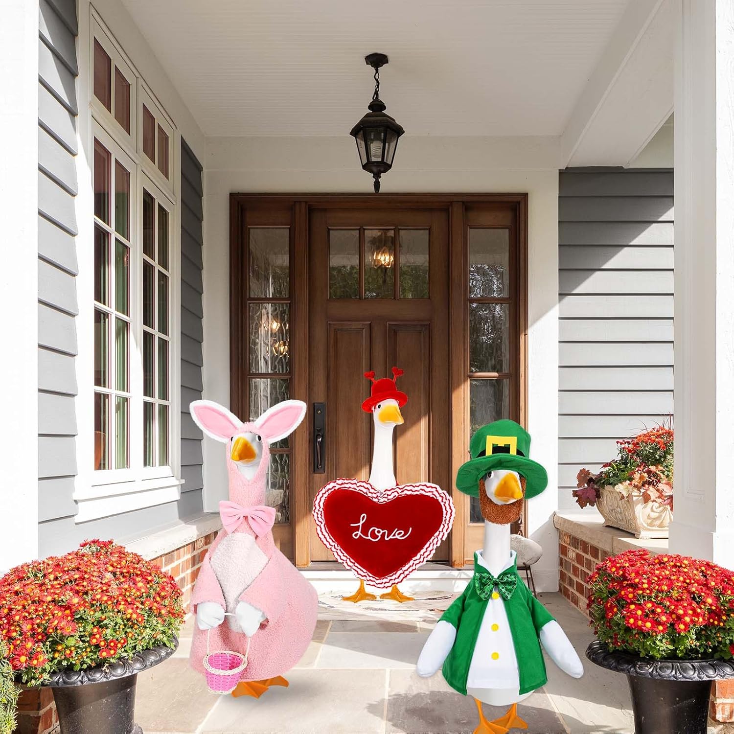 JcHrmers 3 Sets Porch Goose Outfits Valentines St. Patrick's Day Easter Goose Outfit Lawn Porch Goose Clothes Fits 23" Cement Plastic Goose Statue for Outdoor Garden Yard Patio Art Decor