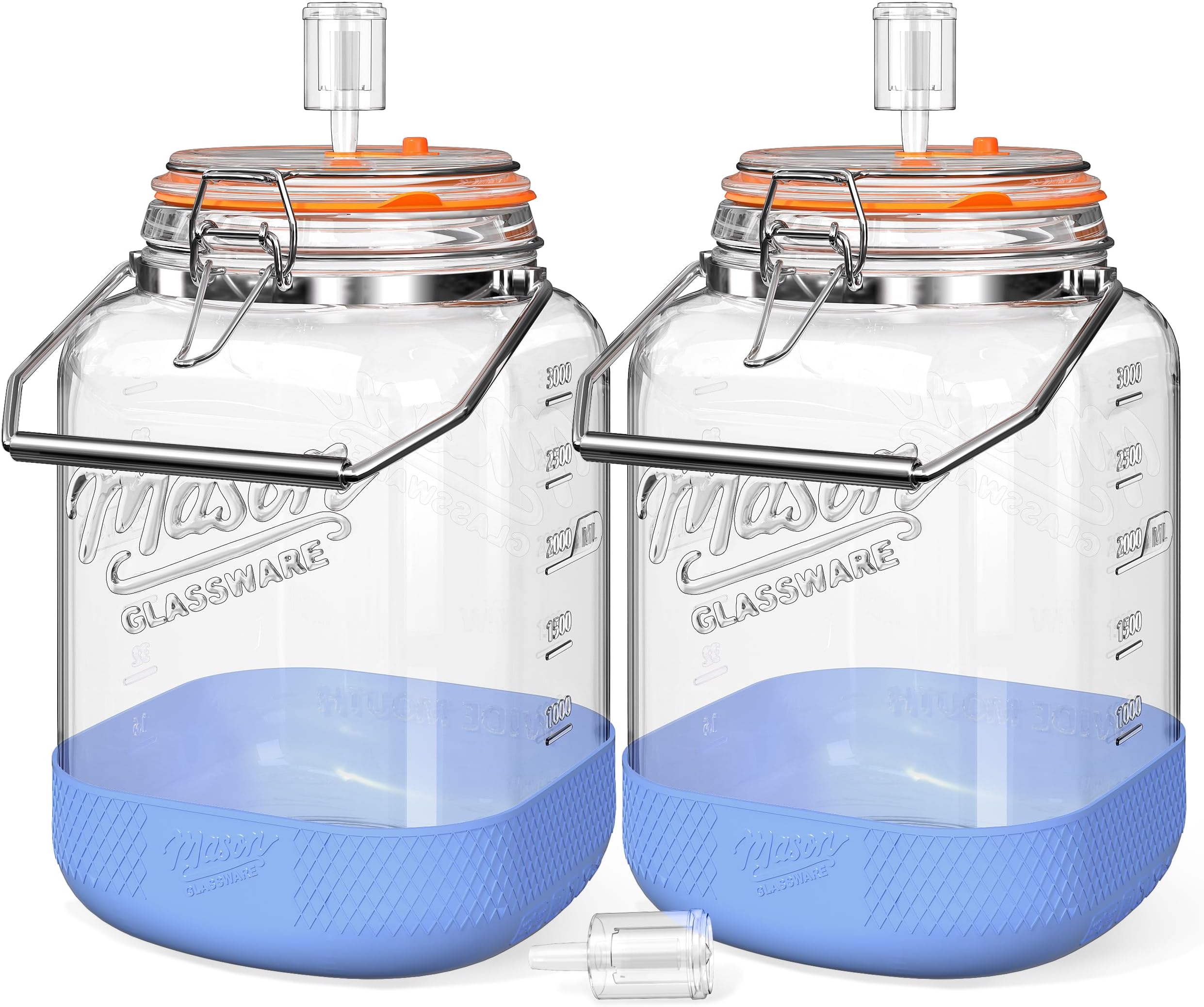 Folinstall 1 Gallon Fermentation Jar with 3 Airlocks, Stainless Steel Handle, Non-Slip Silicone Base, 128 oz Glass Storage Jar for Mead Making, Wine Making, Sourdough Starter, 2 Pack