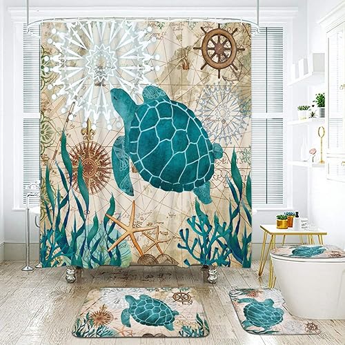 Miniatura 2 de Juego de cortinas de ducha de tortuga marina con alfombras antideslizantes, cubierta de tapa de inodoro y tapete de baño, cortinas de ducha de