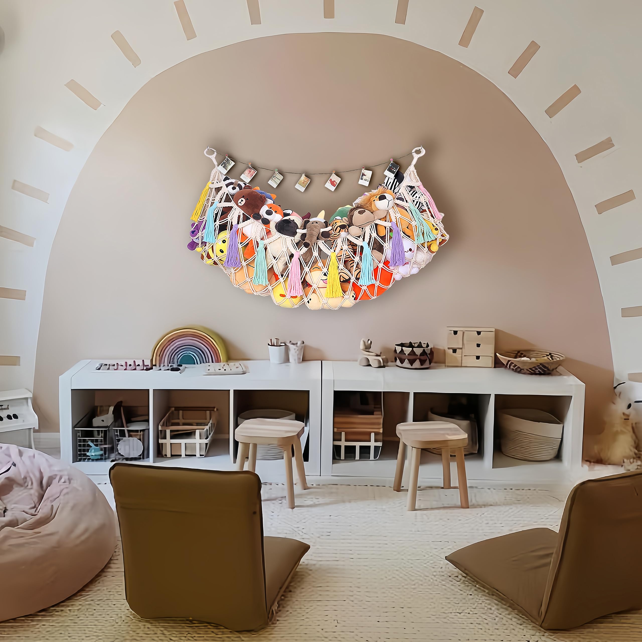 R REVOLEURT Large Stuffed Animal Net Or Hammock for Plush Toys - Wall Hanging Plushie Net Stuffed Animals Holder - Stuffed Animal Storage Display Ideas - Space Saver Toy Hammock - Cream