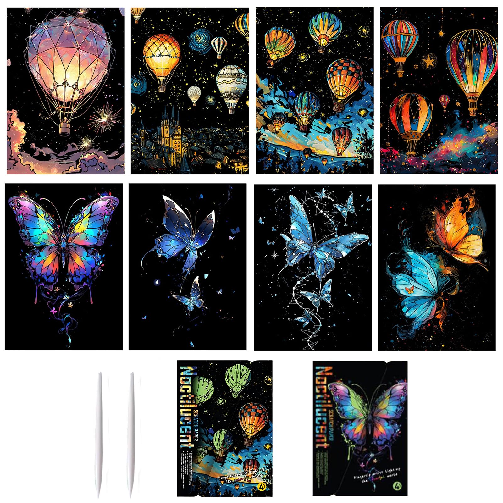 WideSmart 8pcs Scratch Paper Rainbow Painting Sketch,Rainbow Scratch Cards,Magic Engraving Scraping Painting Scratchboard Paper(A4) Creative Crafts Set with 4 Tools (Hot air Balloons/Butterflies)