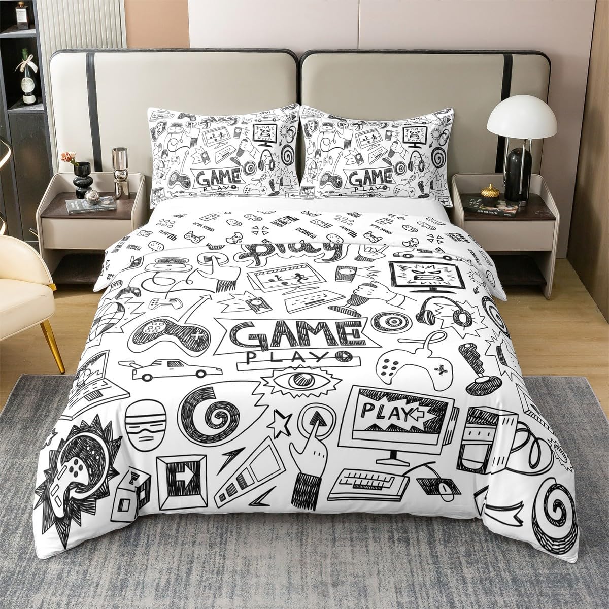 Reversible 100% Cotton Gaming Comforter Cover, Kids Gamepad Cartoon Bedding Set, Video Games Gamers Duvet Cover, Hip Hop Graffiti Quilt Cover, Racing Car Bedspread Cover Comfy, Black White, Full
