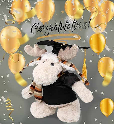 Miniatura 6 de DolliBu Juguete de peluche de graduación de alce de pie, peluche suave para bebé, vestido de peluche de graduación con bata y gorra con traje de