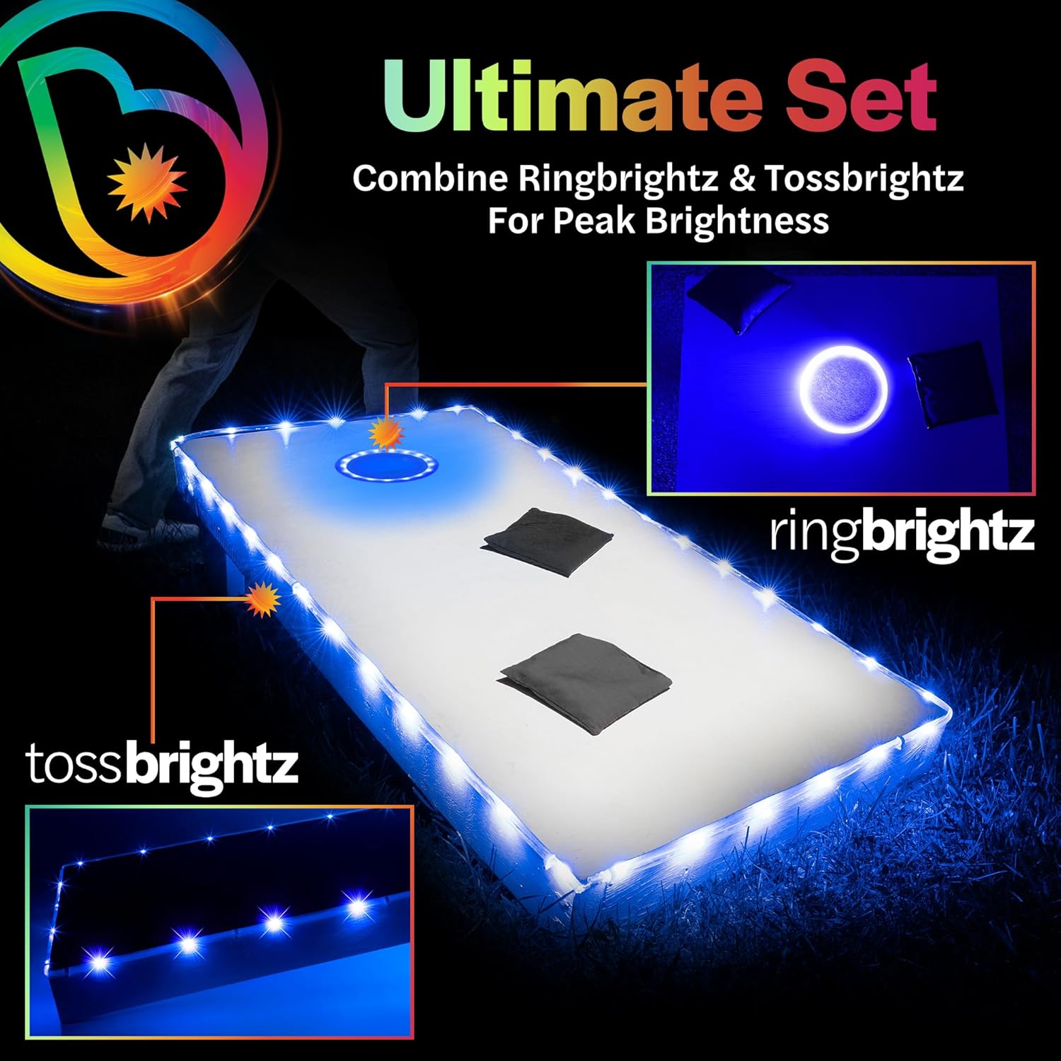 Brightz Premium Cornhole Ring & Edge Light Bundle - Ultimate Brightness (Blue) Includes RingBrightz & TossBrightz