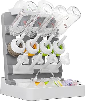 Baby Bottle Drying Rack, Vertical Standing Bottle Drying Rack Holder-Space Saving Baby Bottle Organizer for Countertop-Holds Up to 12 Baby Bottles & Pump Parts White & Dark Gray