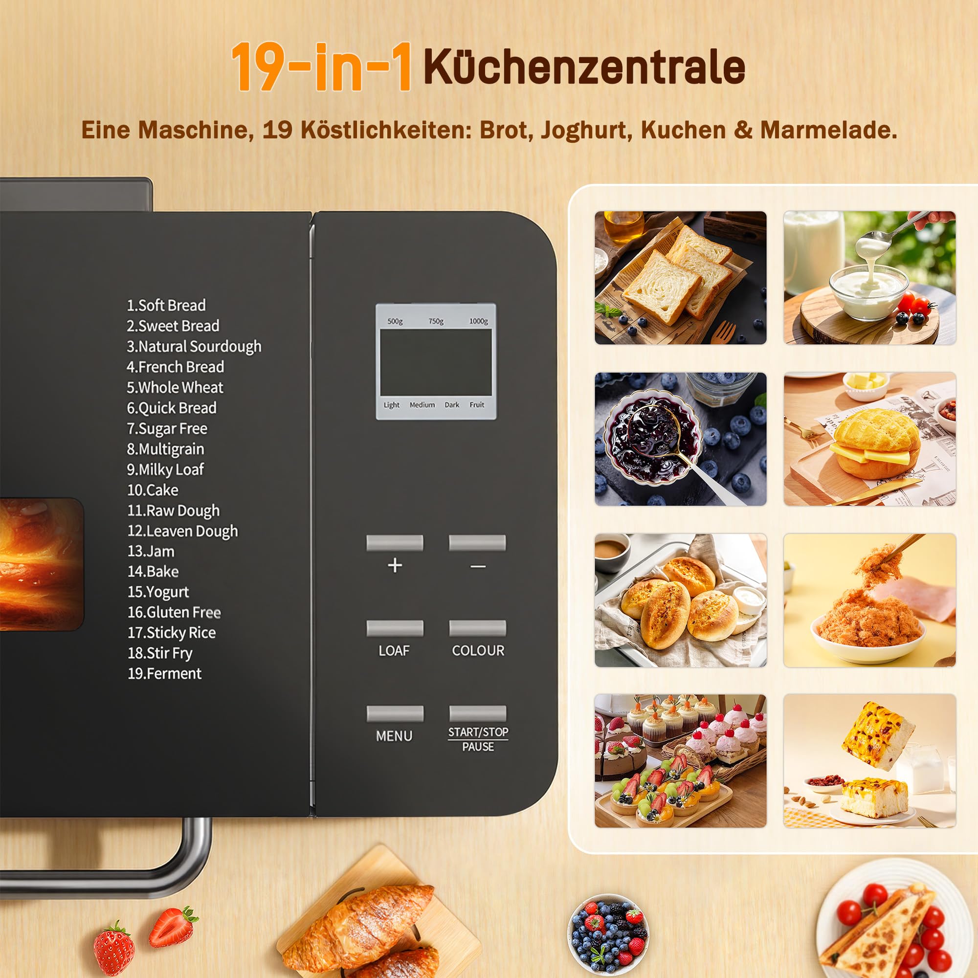 JUMMICO 19-in-1 Brotbackautomat mit automatischer Beigabe & Edelstahl-Gehäuse | 1kg Kapazität (3 Größen), 3 Krustenstufen | Warmhalten, Timer-Start | Einfache Bedienung, Glutenfrei, Joghurt