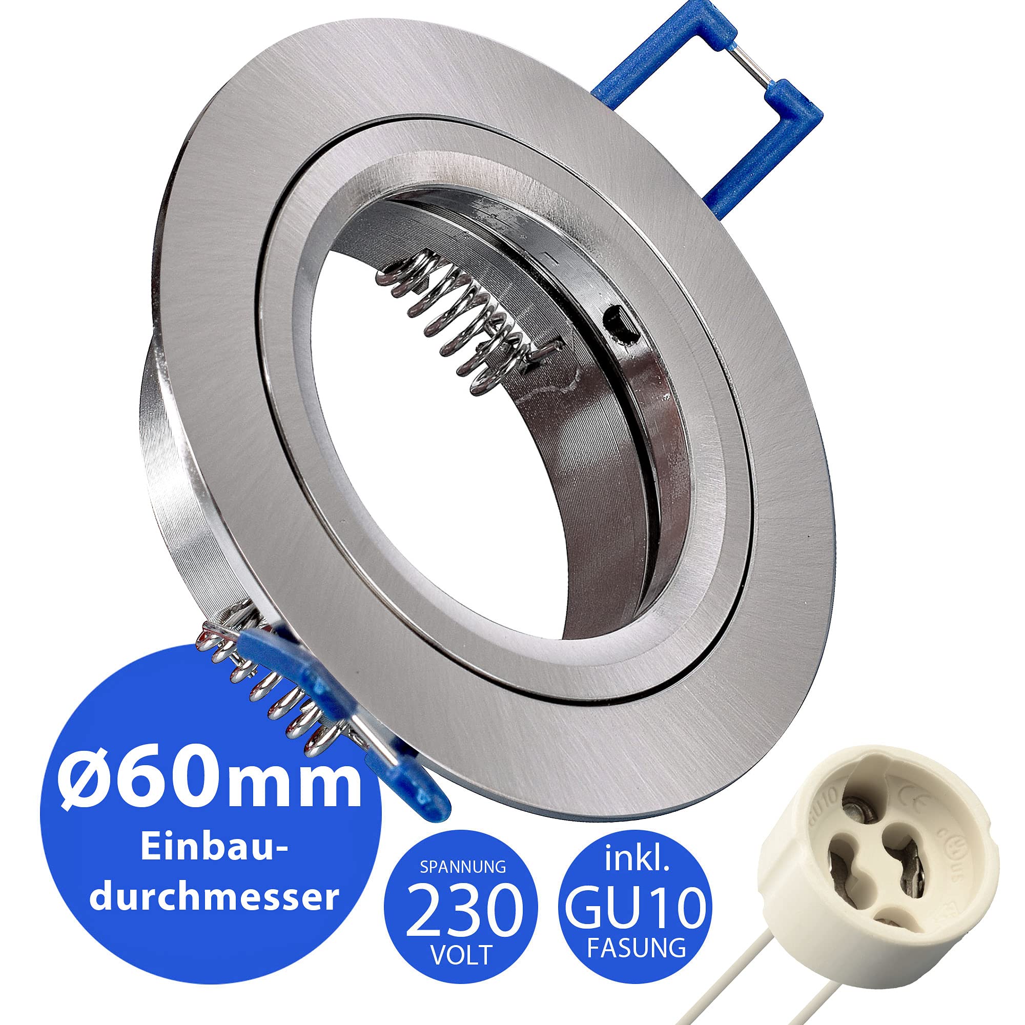 Maxkomfort 10er SET Einbaustrahler SET Edelstahl-Optik mit GU10 Fassung RUND Klickverschluß Einbauleuchte Einbauspot LED/Halogen Rahmen Rostfrei Deckenspot Strahler Spot 5105