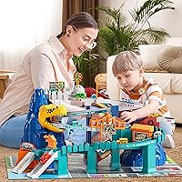 Vista 5 de Juego de Pista de Carreras de Dinosaurios para Niños de 3-5 Años, Juego de Pista de Coches con Colinas de Escalada de Dinosaurios con 10 Mini Autos