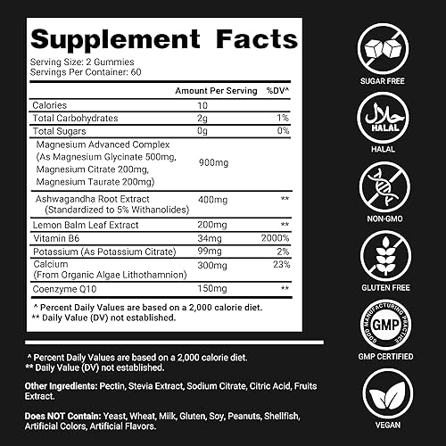 Miniatura 7 de Gomitas de glicinato de magnesio para adultos de 500 mg  120 gomitas sin azúcar, suplemento de gomitas de apoyo para la calma y el sueño con