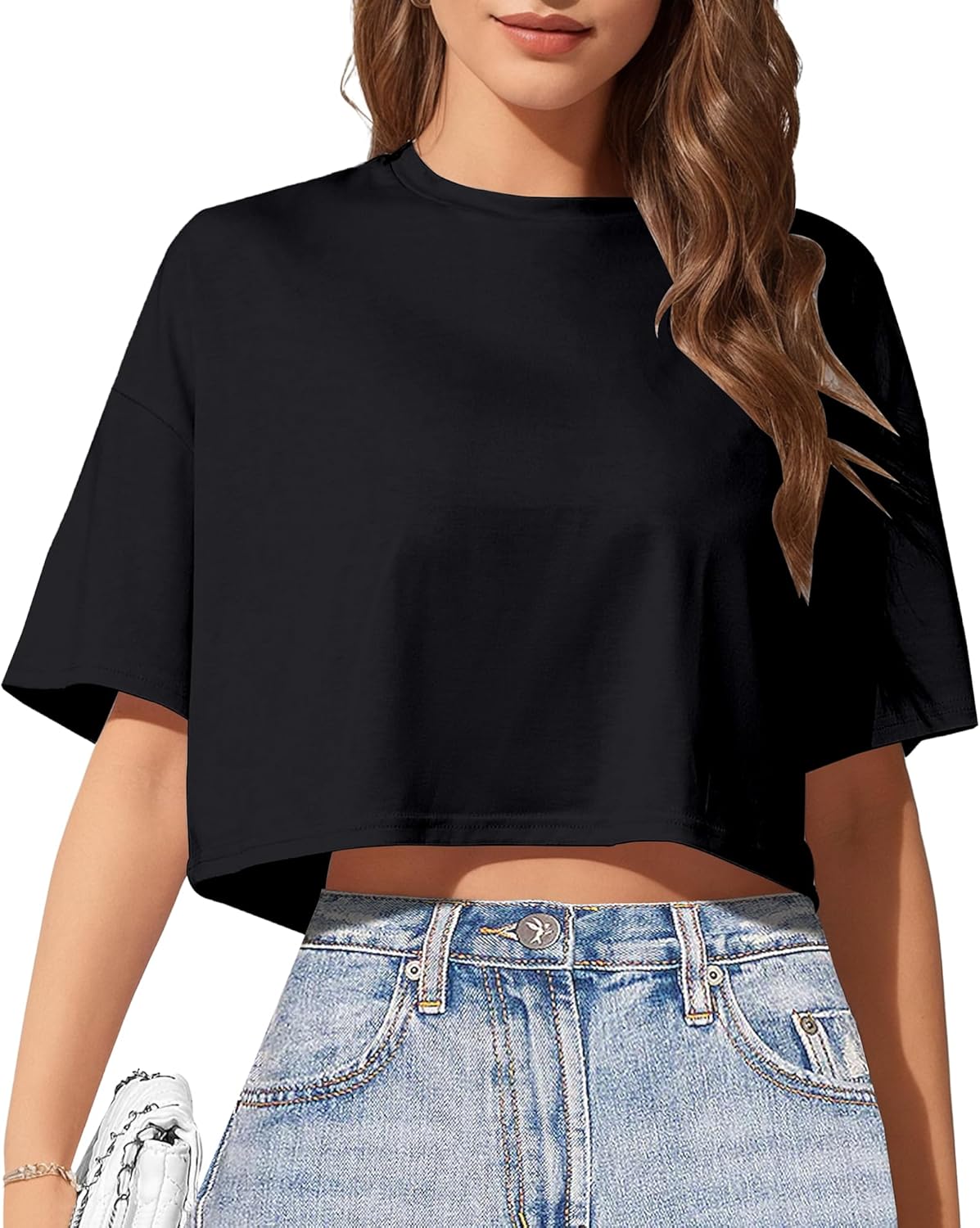 Women's Basic Crop Top Drop Shoulder T Shirt Half Sleeve Cropped Tee Crewneck Short Sleeve Casual Summer Solid Crop Tops