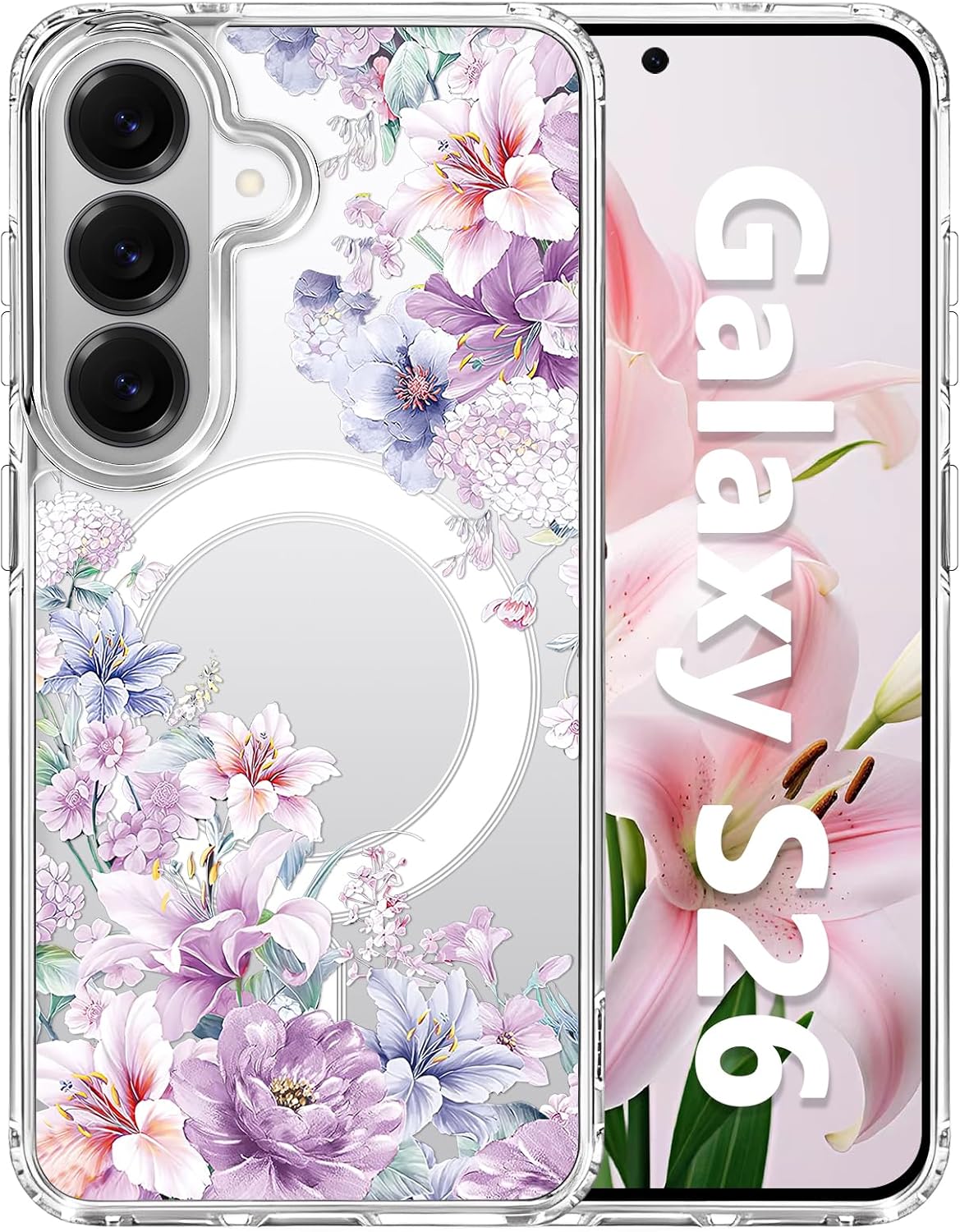 For Samsung Galaxy S26 Floral Case, Clear Magnetic Hard Cover, Hydrangea