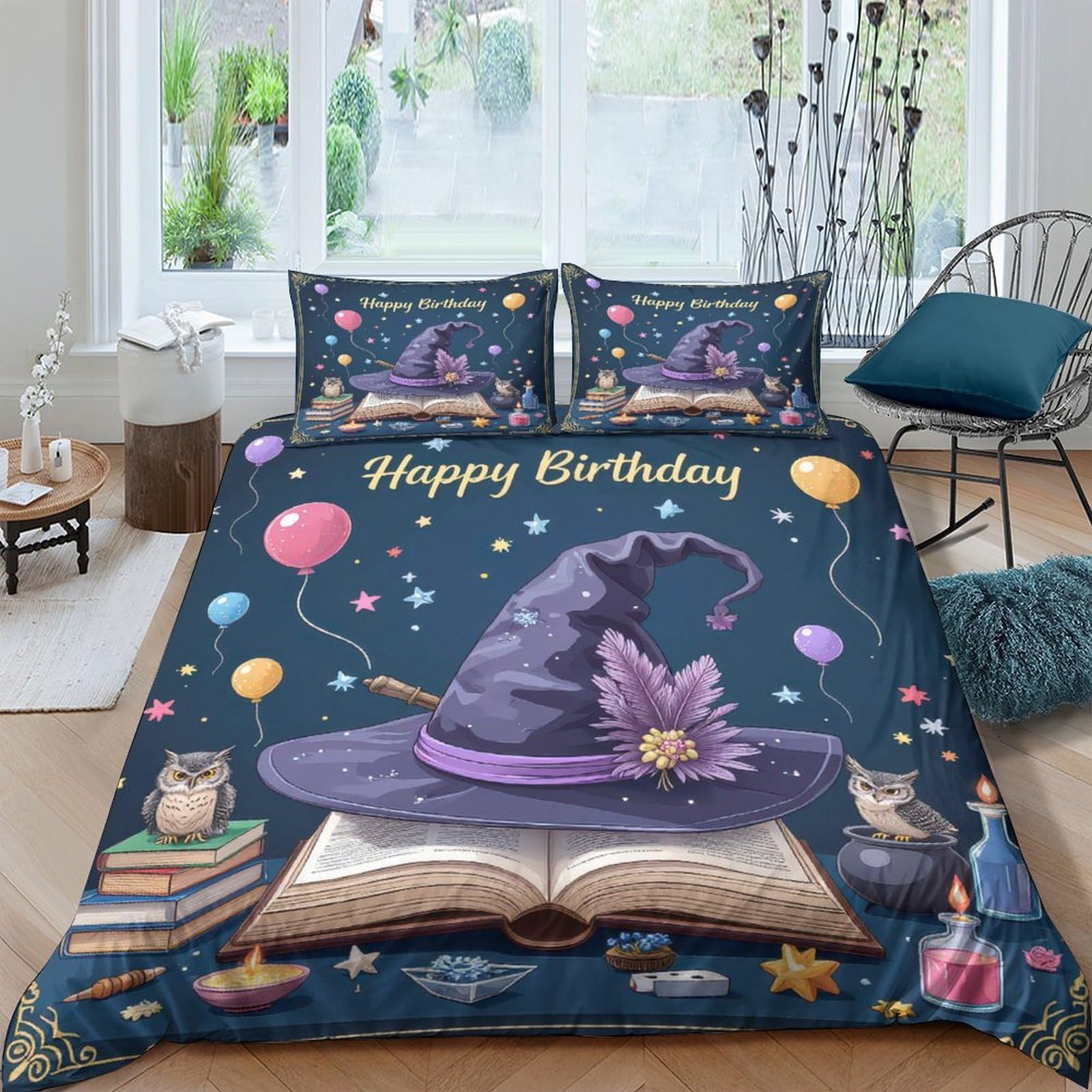 Ctjqhvkz Style-2 3D Printed Magic Hat Birthday Fitted Sheet Microfiber Soft Washable Owl Book Mattress Cover For Bedroom Decor Single（135X200cm）